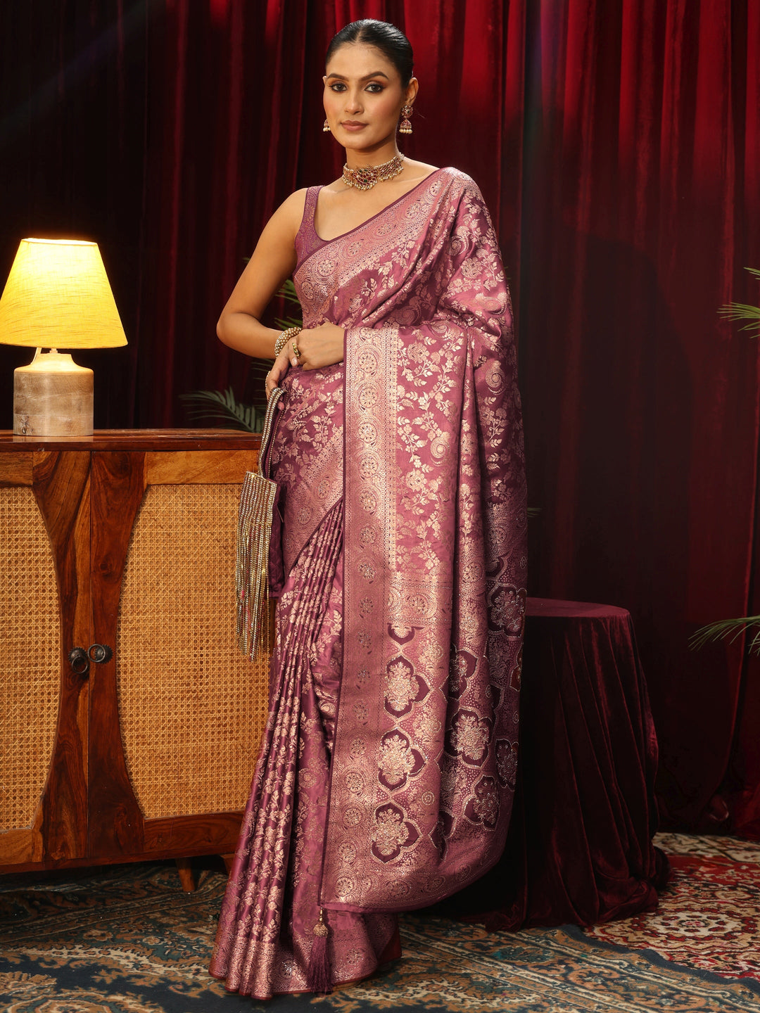 Libas Mauve Floral Woven Design Silk Blend Saree