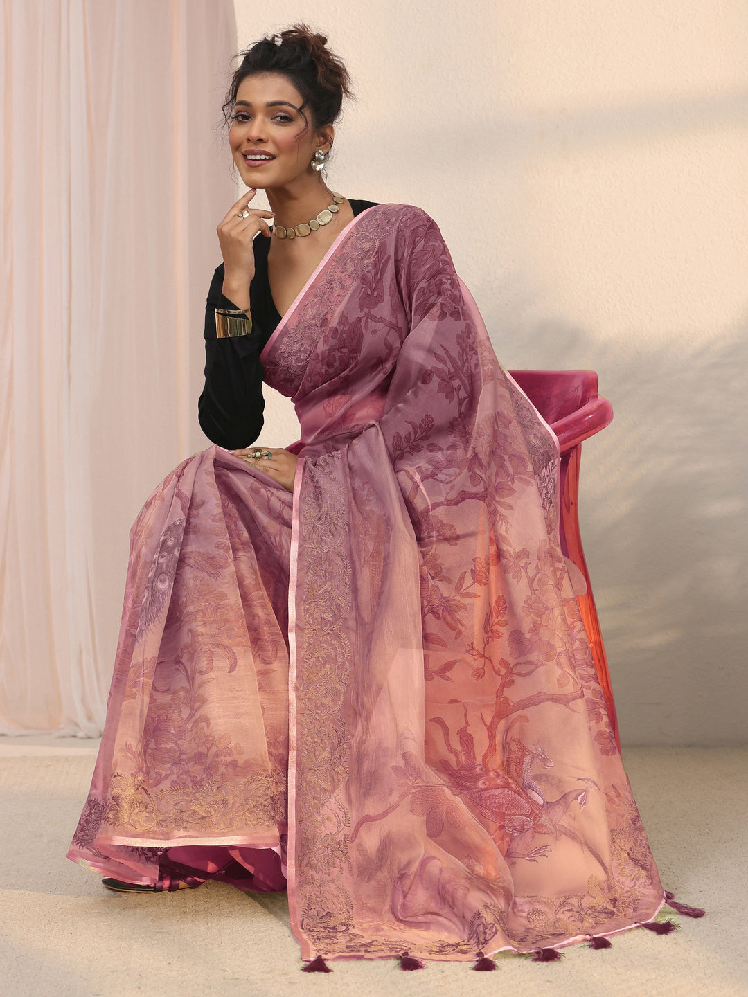  Libas Mauve Printed Organza Tassel Saree with Embroidered Border 