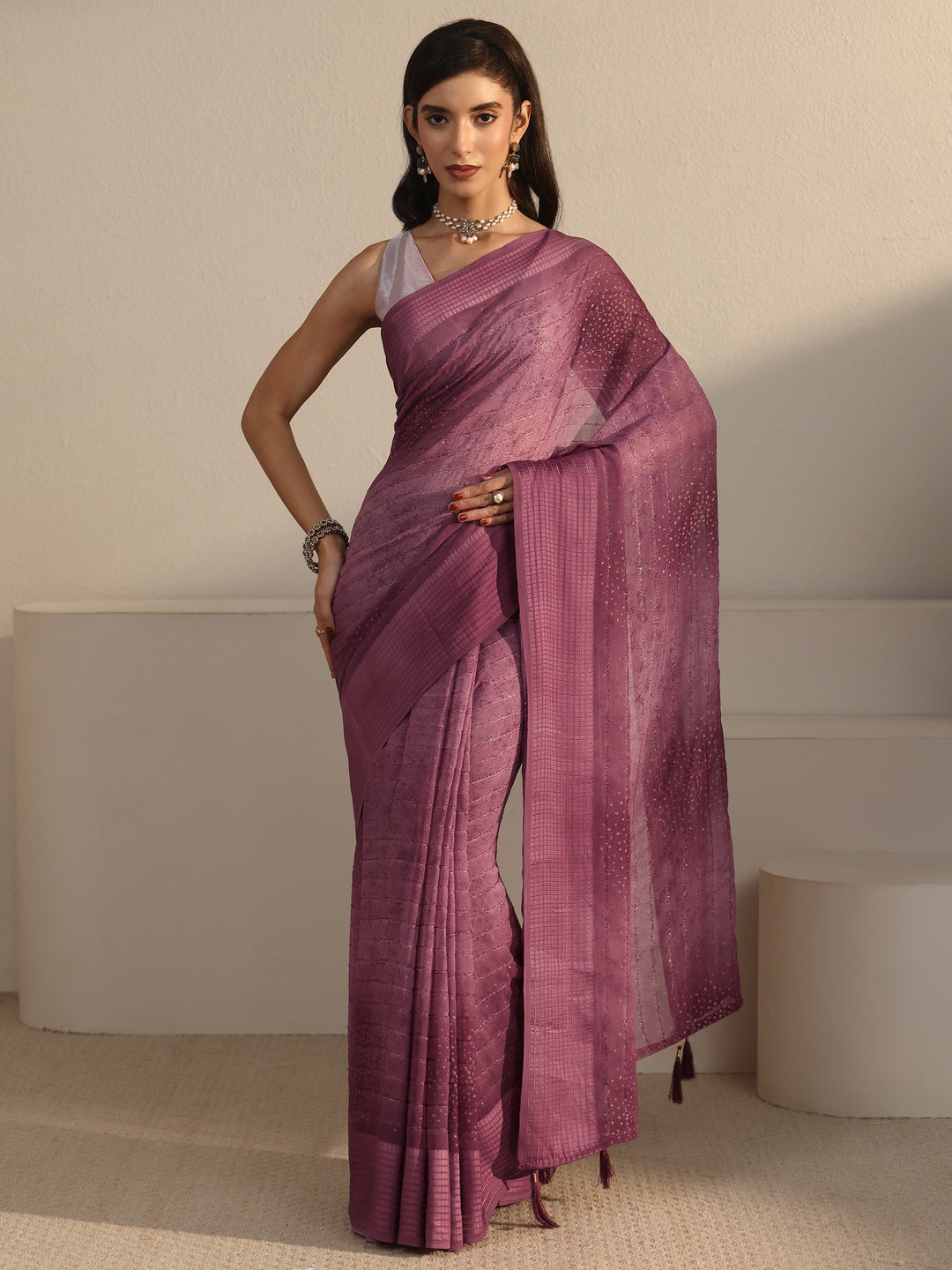 Libas Mauve Striped Georgette Tassel Saree with Embellishments