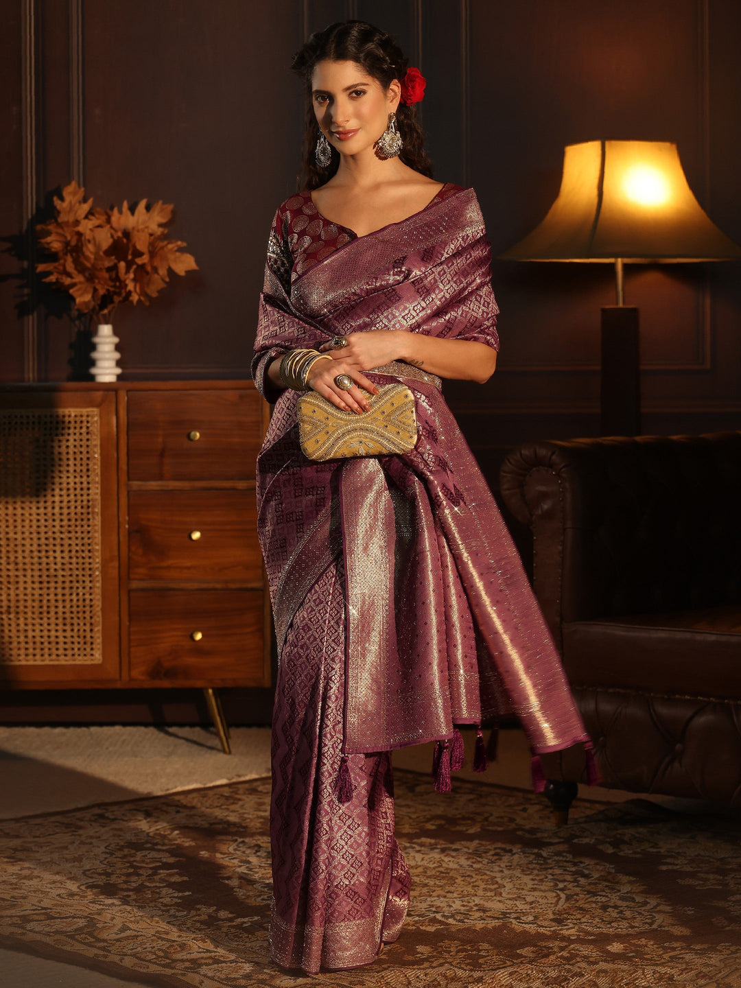 Libas Mauve Woven Design Silk Blend Tassel Saree with Stone Work