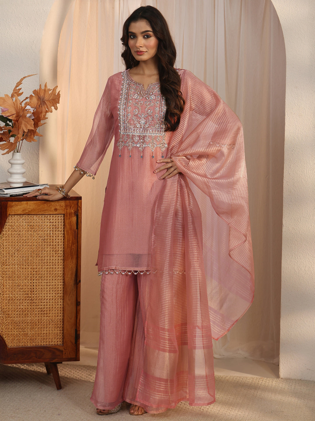  Libas Mauve Yoke Design Embellished Tissue Palazzo Suit Set 