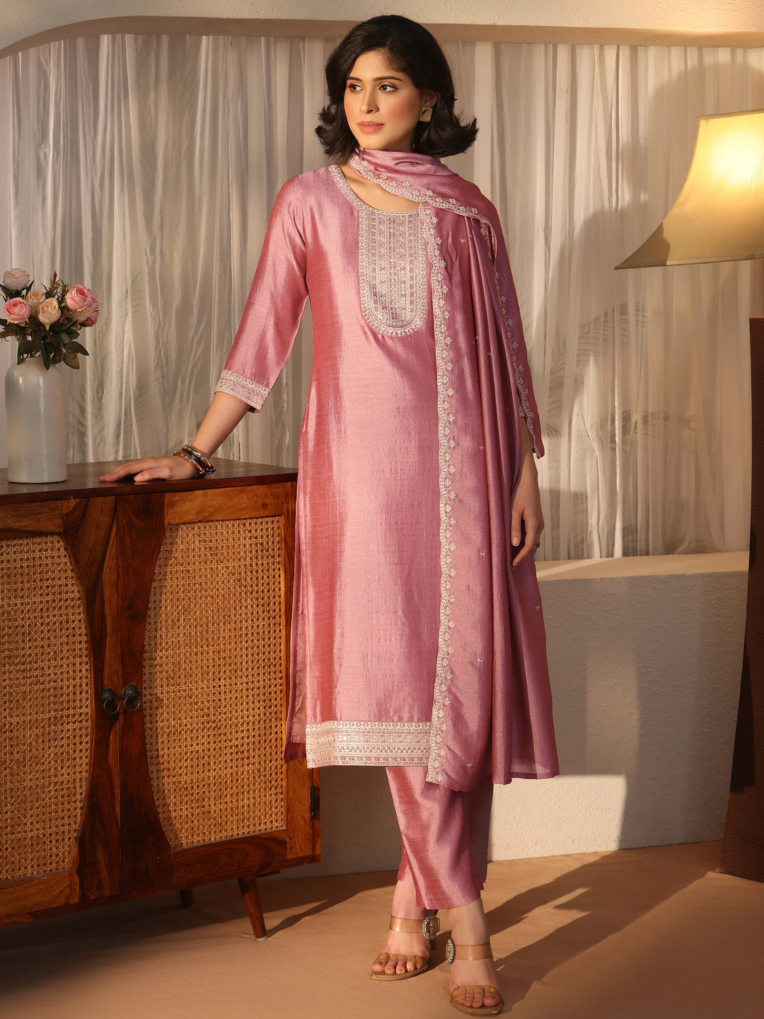 Libas Mauve Yoke Design Embroidered Chanderi Silk Straight Suit Set