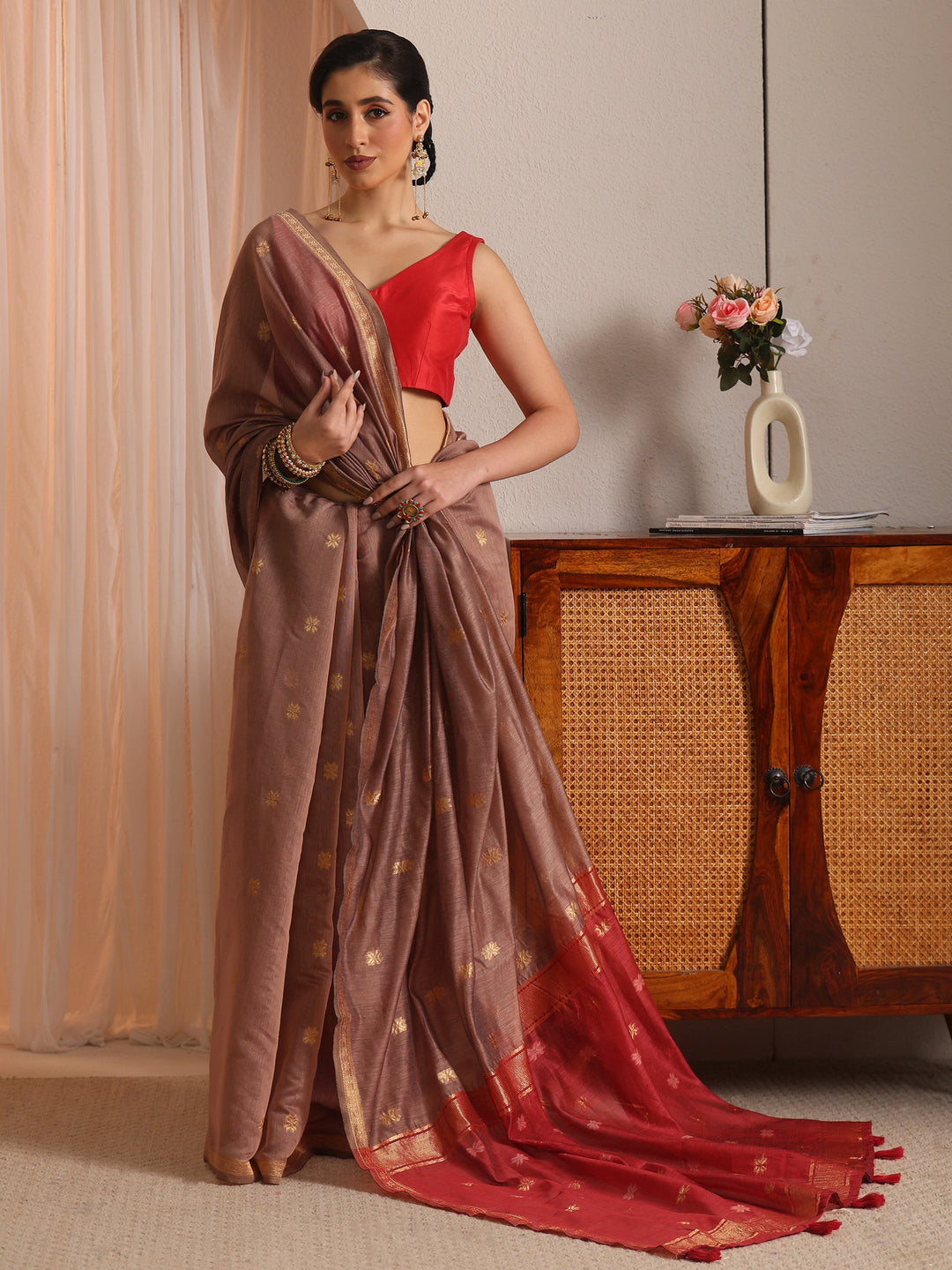  Libas Mauve and Red Woven Design Cotton Blend Tassel Saree 
