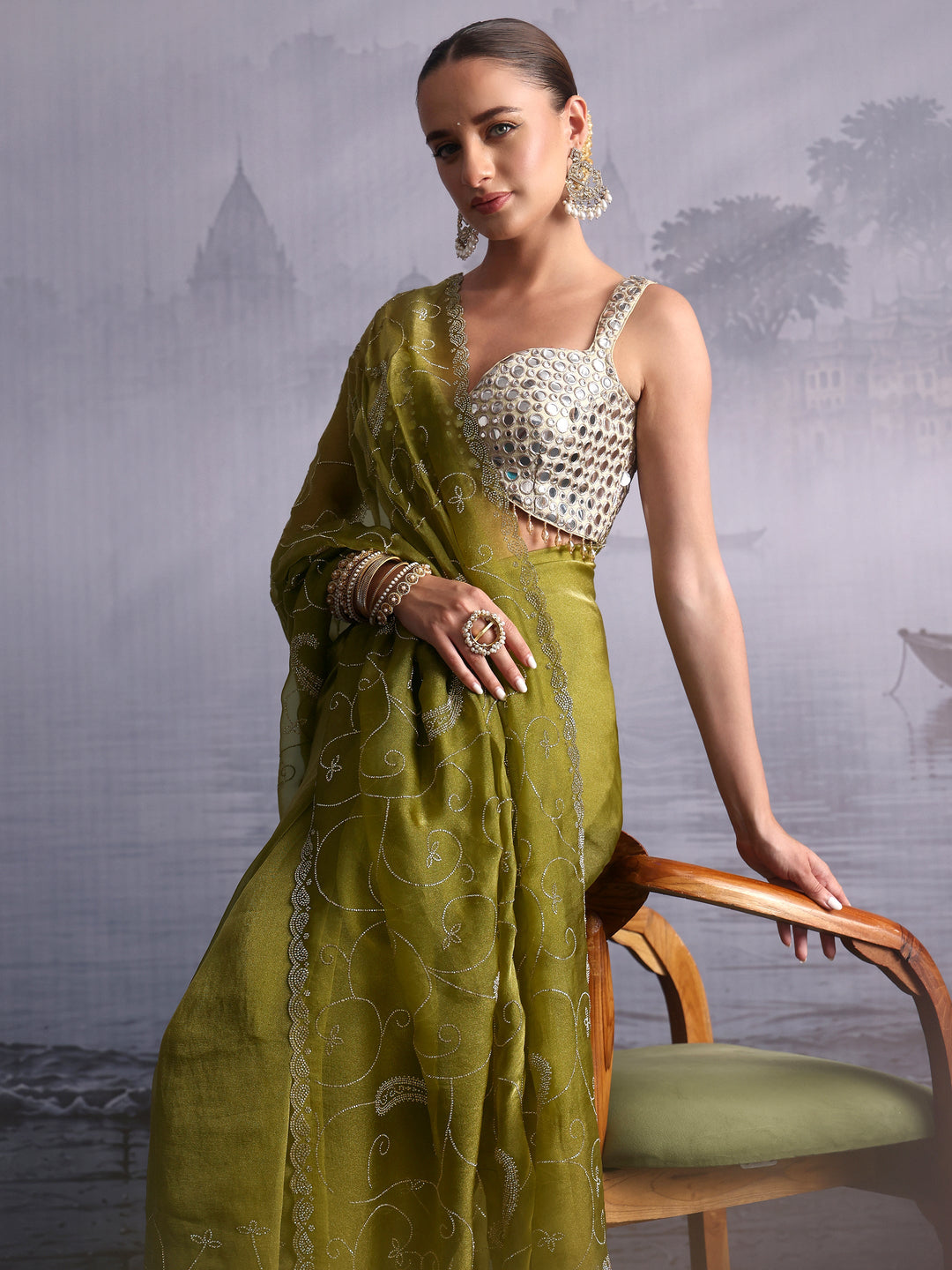  Libas Mehendi Green Paisley Stone Work Embellished Tissue Saree 