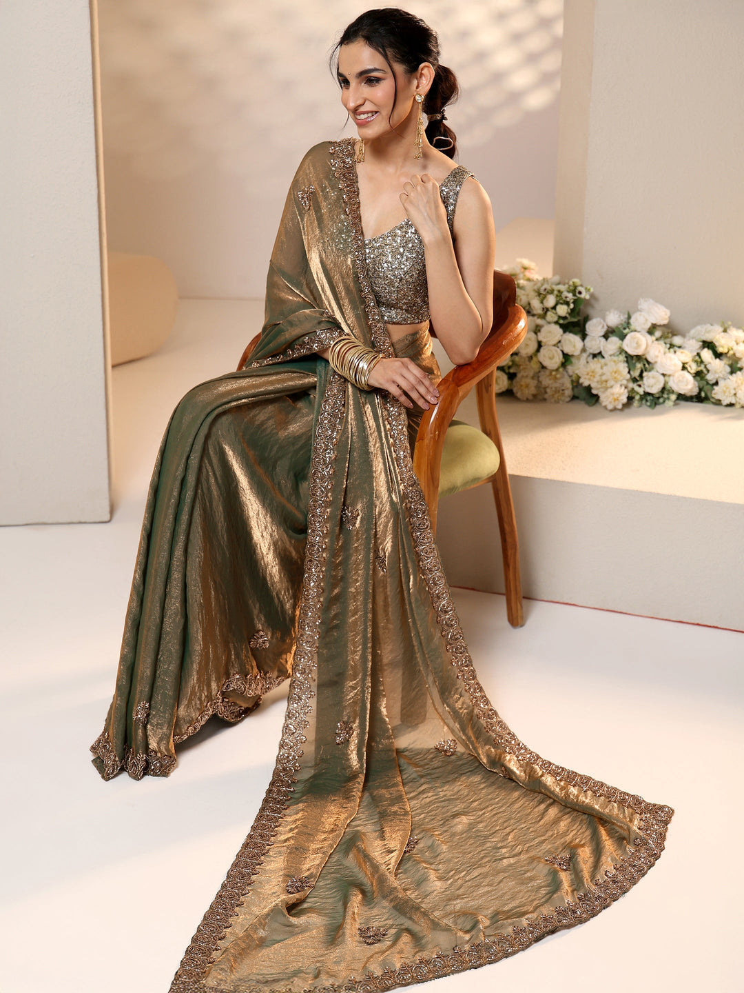  Libas Metallic Olive Green Embellished Tissue Saree 