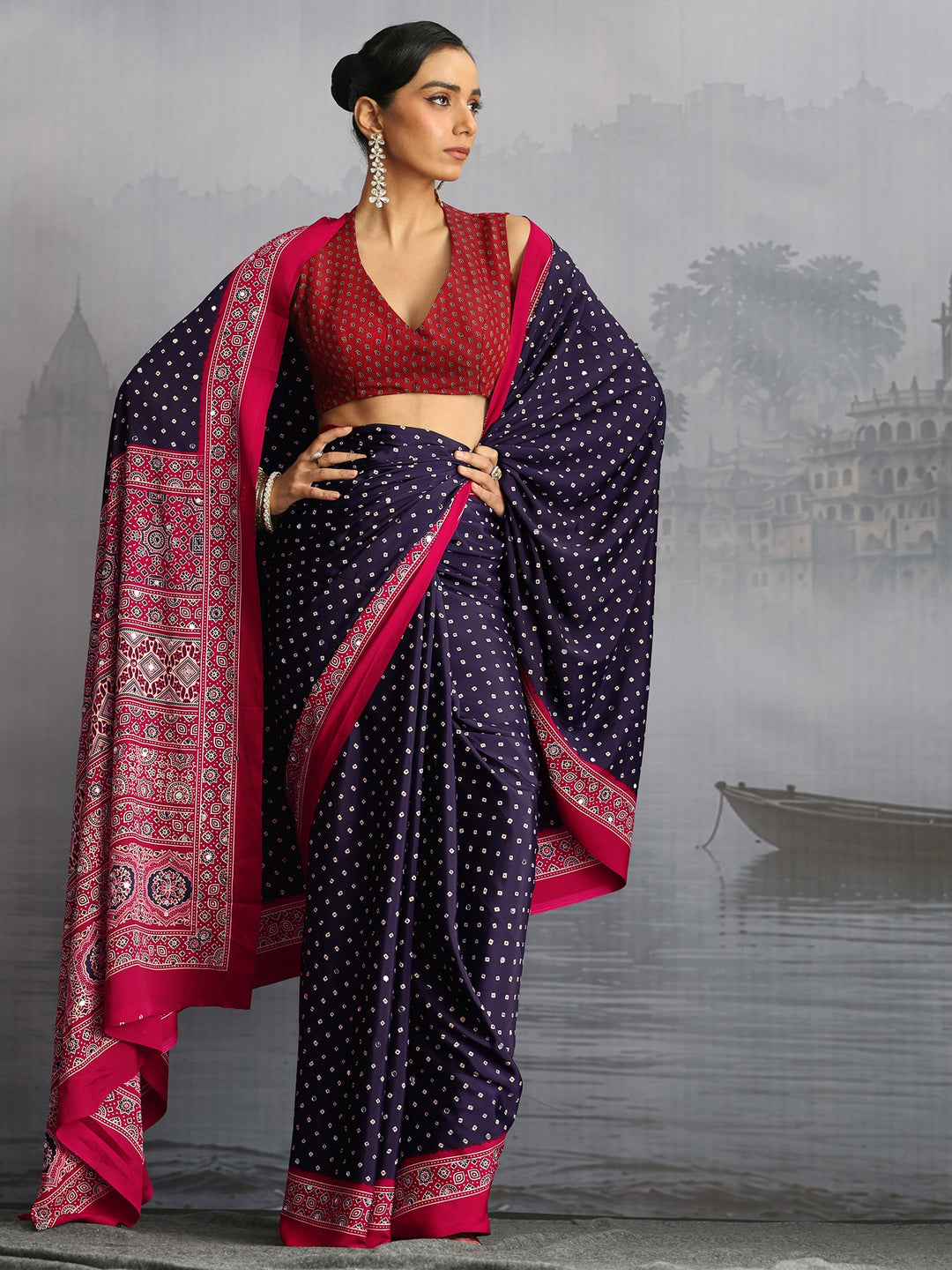  Libas Midnight Blue Ajrakh Print Mirror Work Satin Saree 