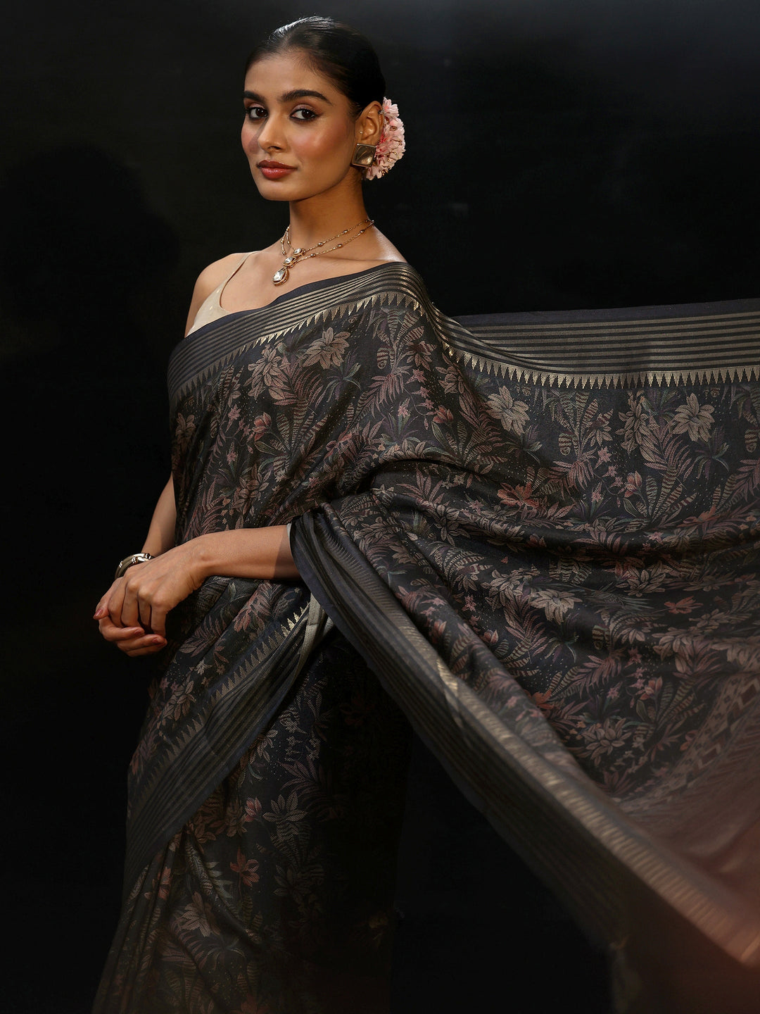  Libas Midnight Blue Floral Woven Design Silk Blend Saree 