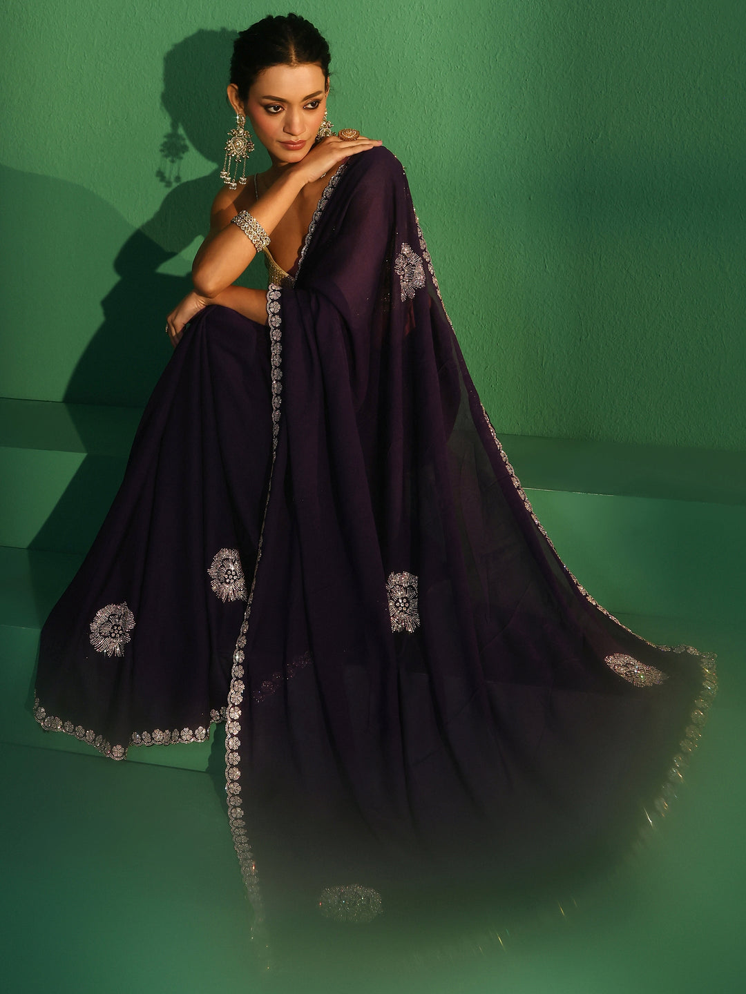  Libas Midnight Purple Embellished Silk Blend Saree 