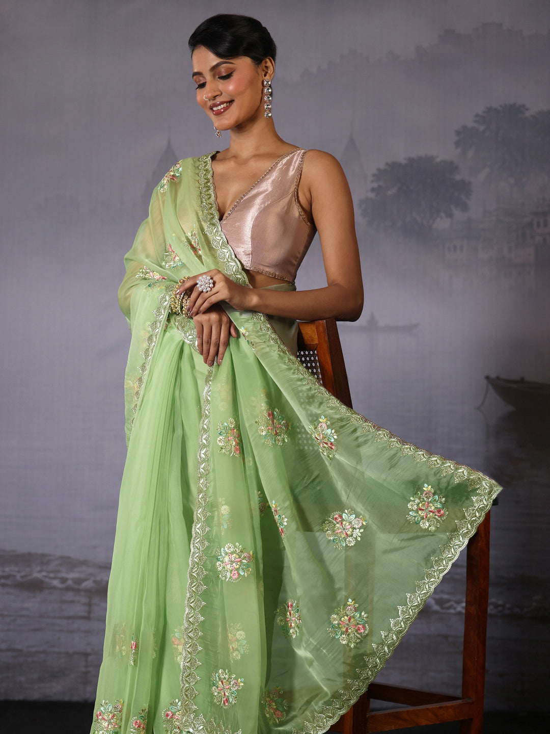  Libas Mint Green Floral Embroidered Organza Saree with Stone Work 