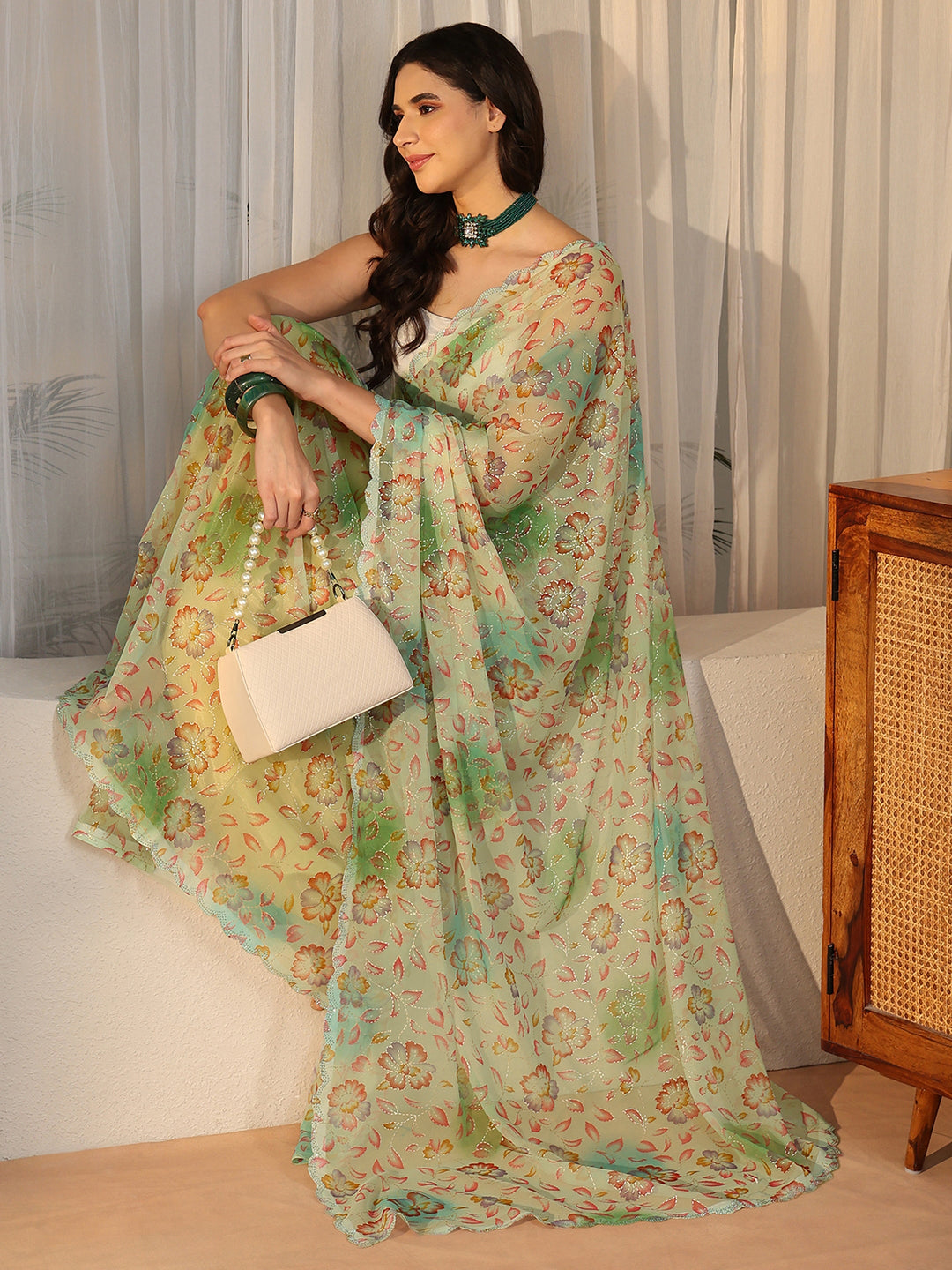  Libas Mint Green Floral Printed Georgette Saree 