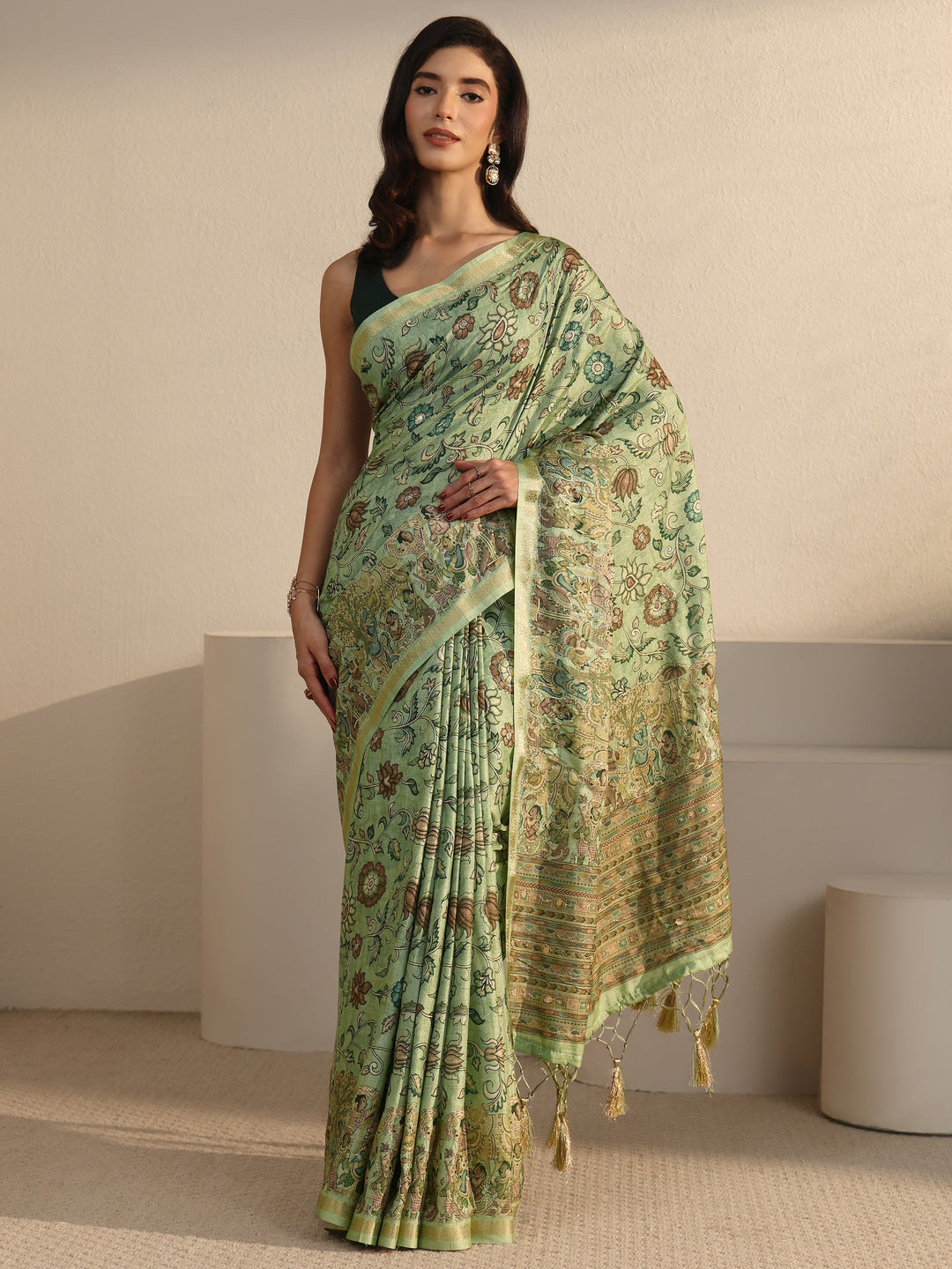 Libas Mint Green Floral Printed Silk Blend Tassel Saree