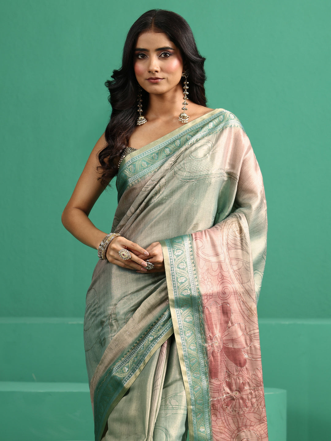  Libas Mist Green Floral Printed Silk Blend Saree 