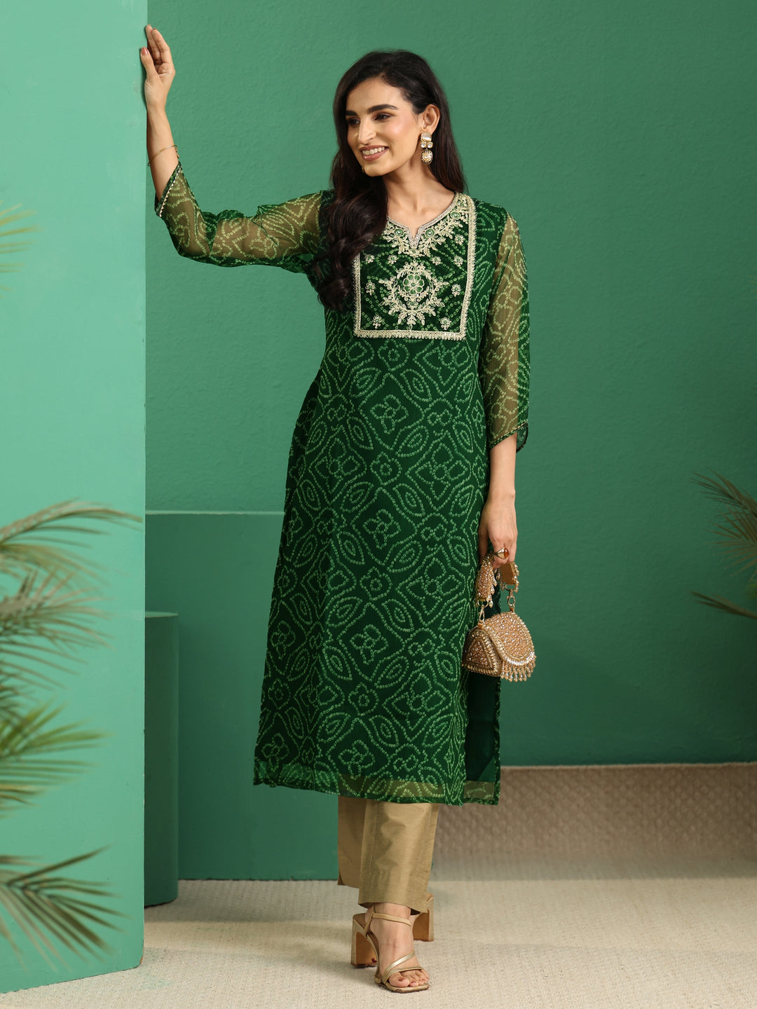  Libas Moss Green Bandhani Printed Chiffon Straight Kurta 