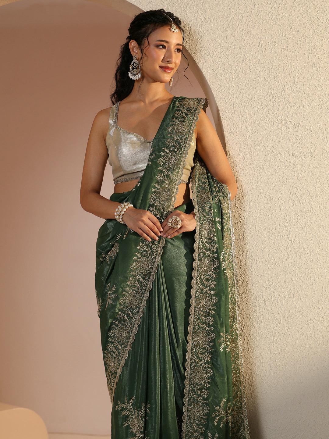  Libas Moss Green Floral Embroidered Satin Saree 