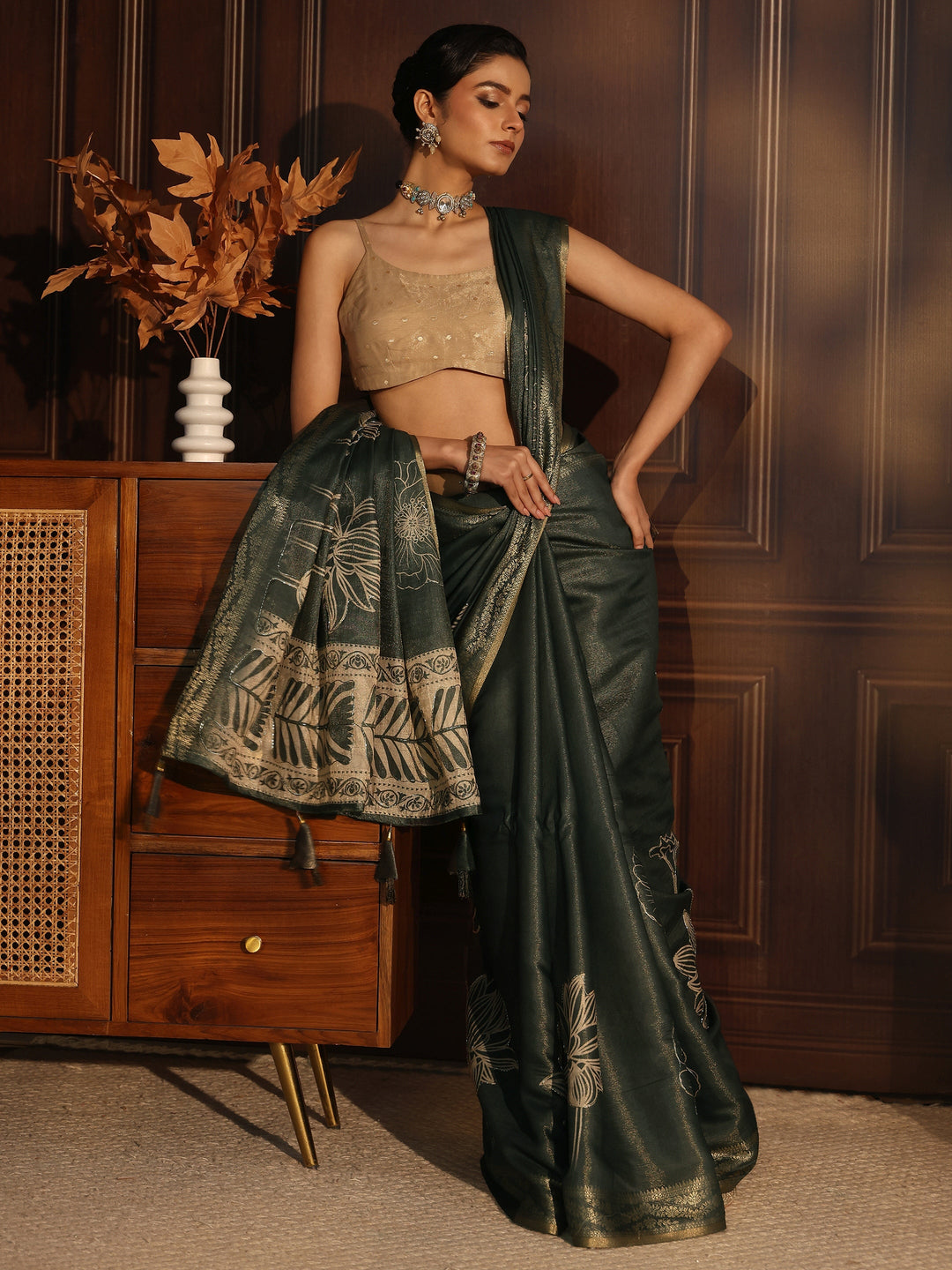 Libas Moss Green Floral Printed Embellished Silk Blend Saree