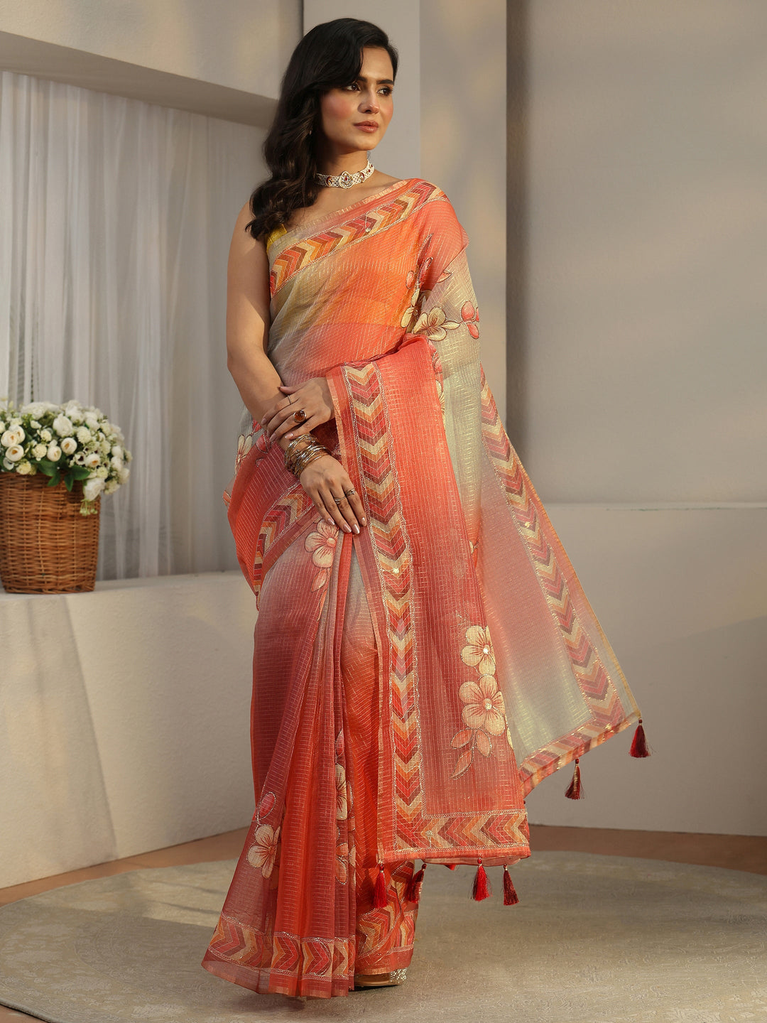  Libas Multi Colour Floral Printed Silk Blend Saree with Chevron Border 
