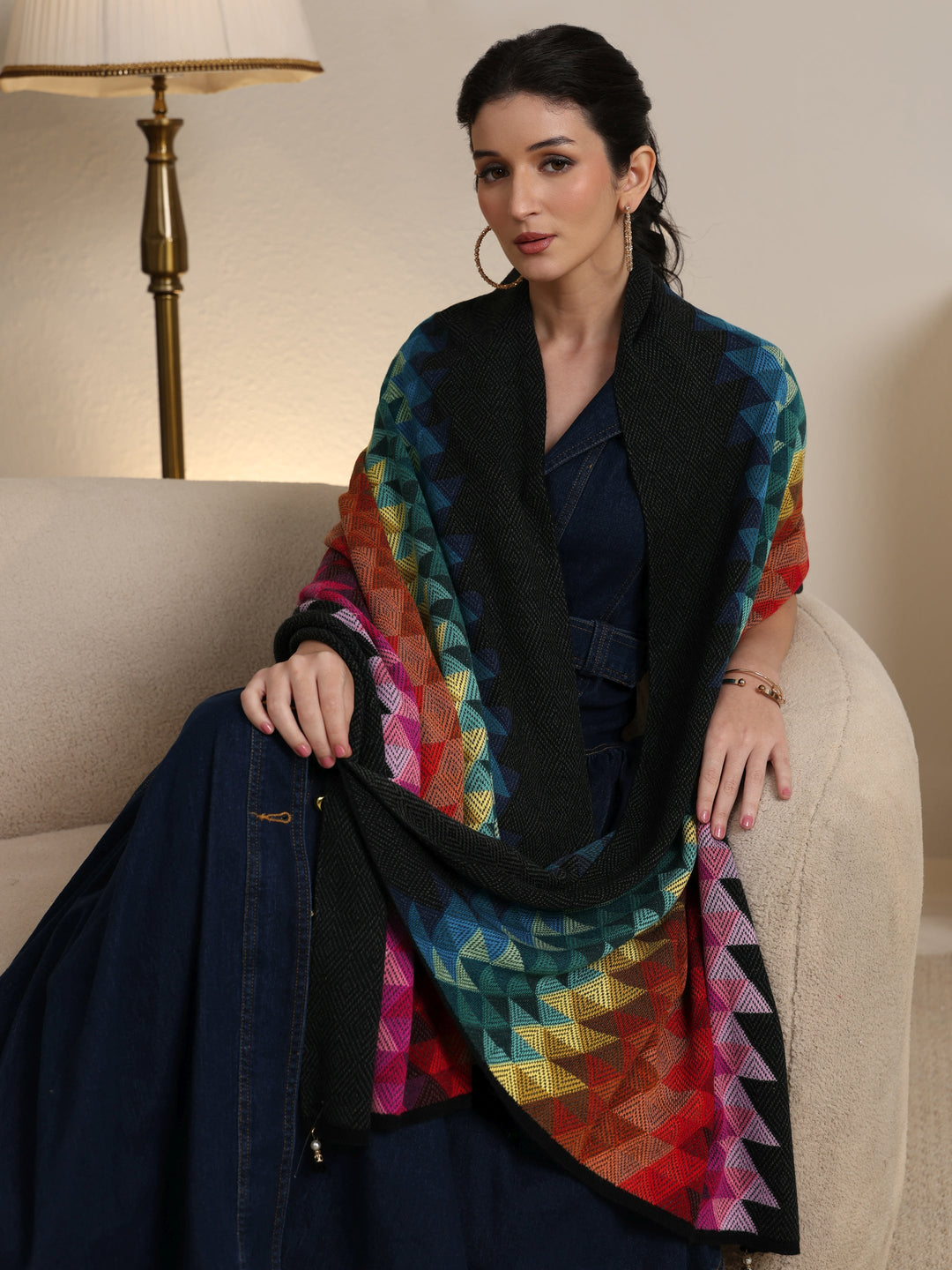  Libas Multi Colour Geometric Knitted Acrylic Wrap Shawl 