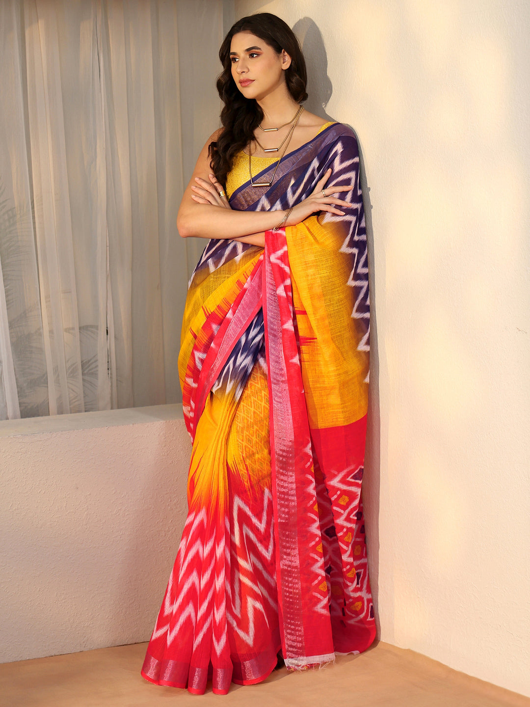  Libas Multi Colour Ikat Style Chevron Printed Cotton Blend Saree 