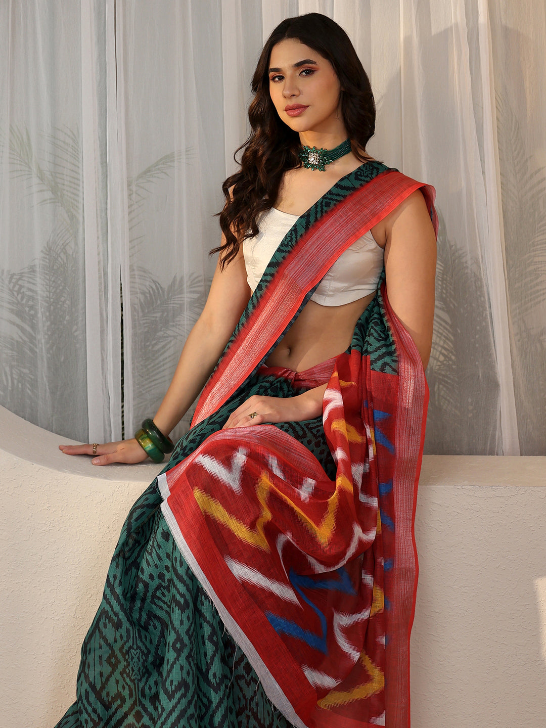 Libas Multi Colour Ikat Style Chevron Printed Cotton Blend Saree 