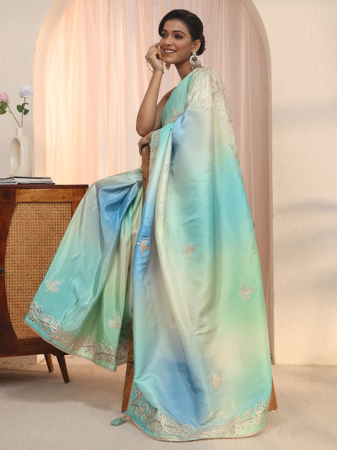  Libas Multi Coloured Floral Embroidered Satin Saree 