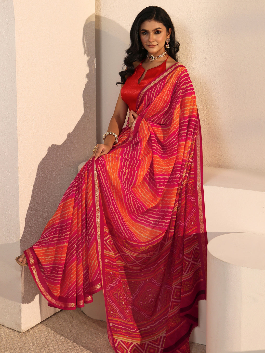  Libas Multi Coloured Leheriya Printed Georgette Saree 