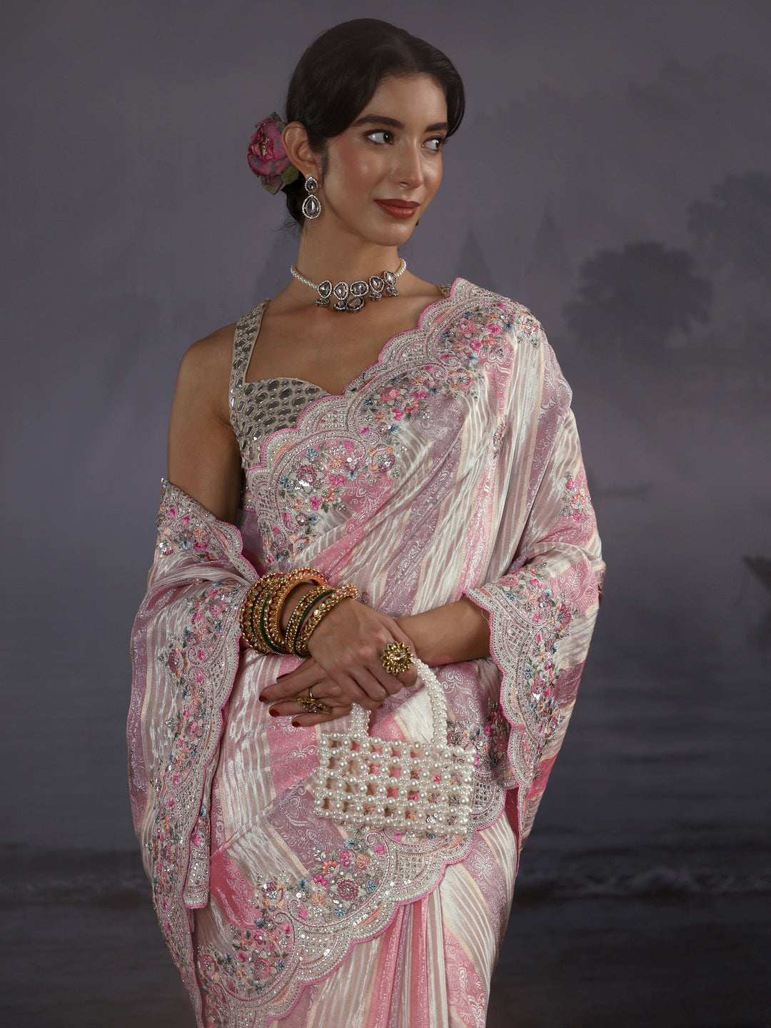  Libas Multi Coloured Striped Silk Blend Saree with Embellished Border 