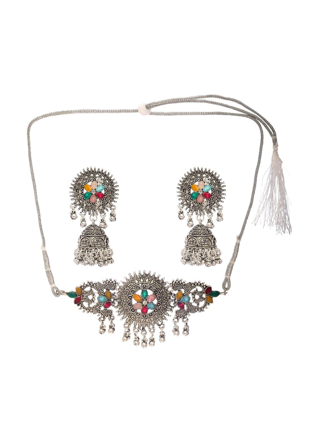  Libas Multi Stone Oxidized Choker Necklace Set 