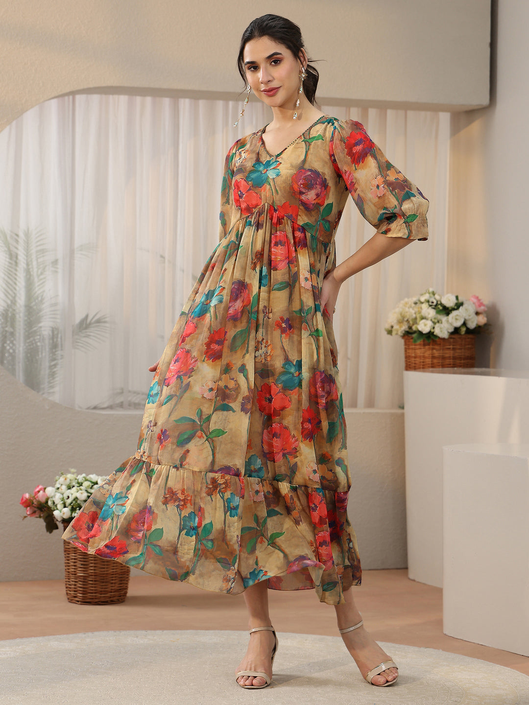  Libas Multicolour Floral Printed Empire Chiffon Dress 