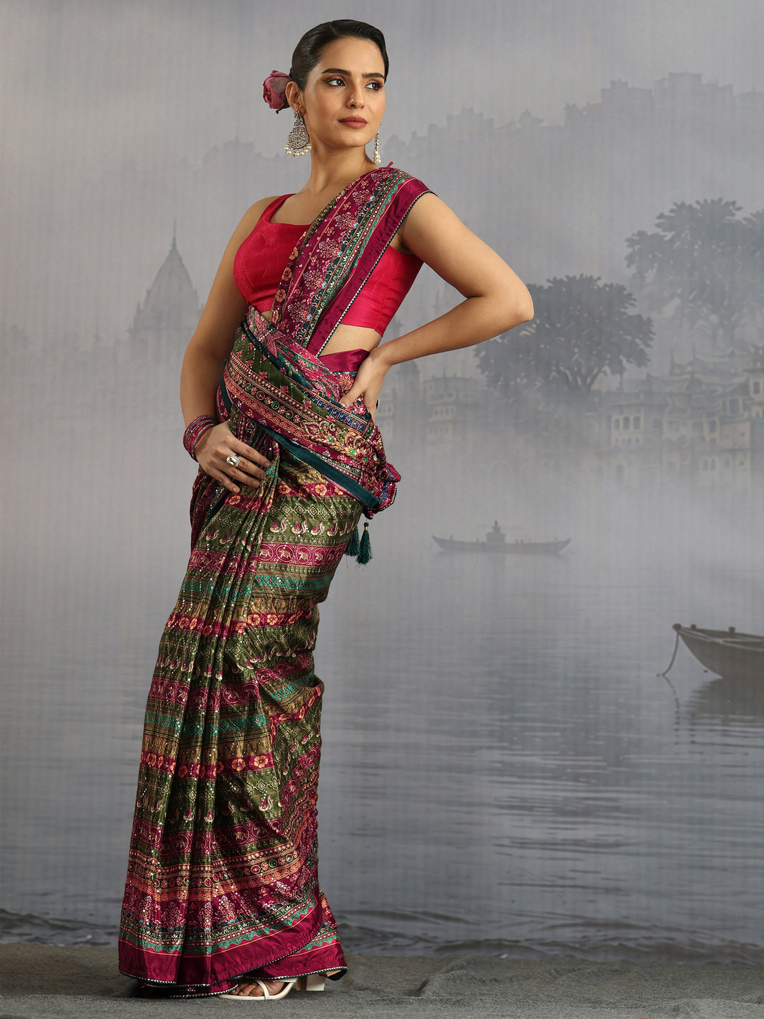 Libas Multicolour Mughal Print Sequin Satin Saree