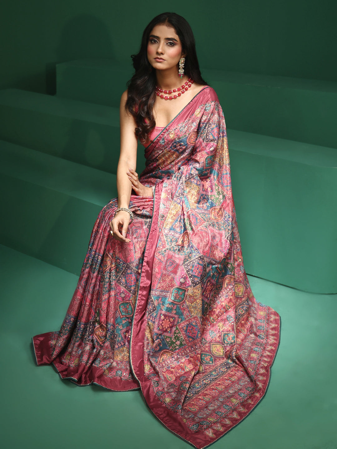Libas Multicolour Sequin Embellished Printed Satin Saree