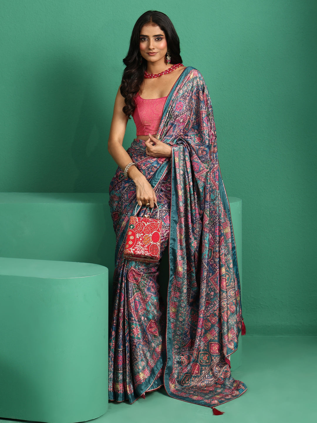  Libas Multicolour Sequin Embellished Printed Satin Saree 
