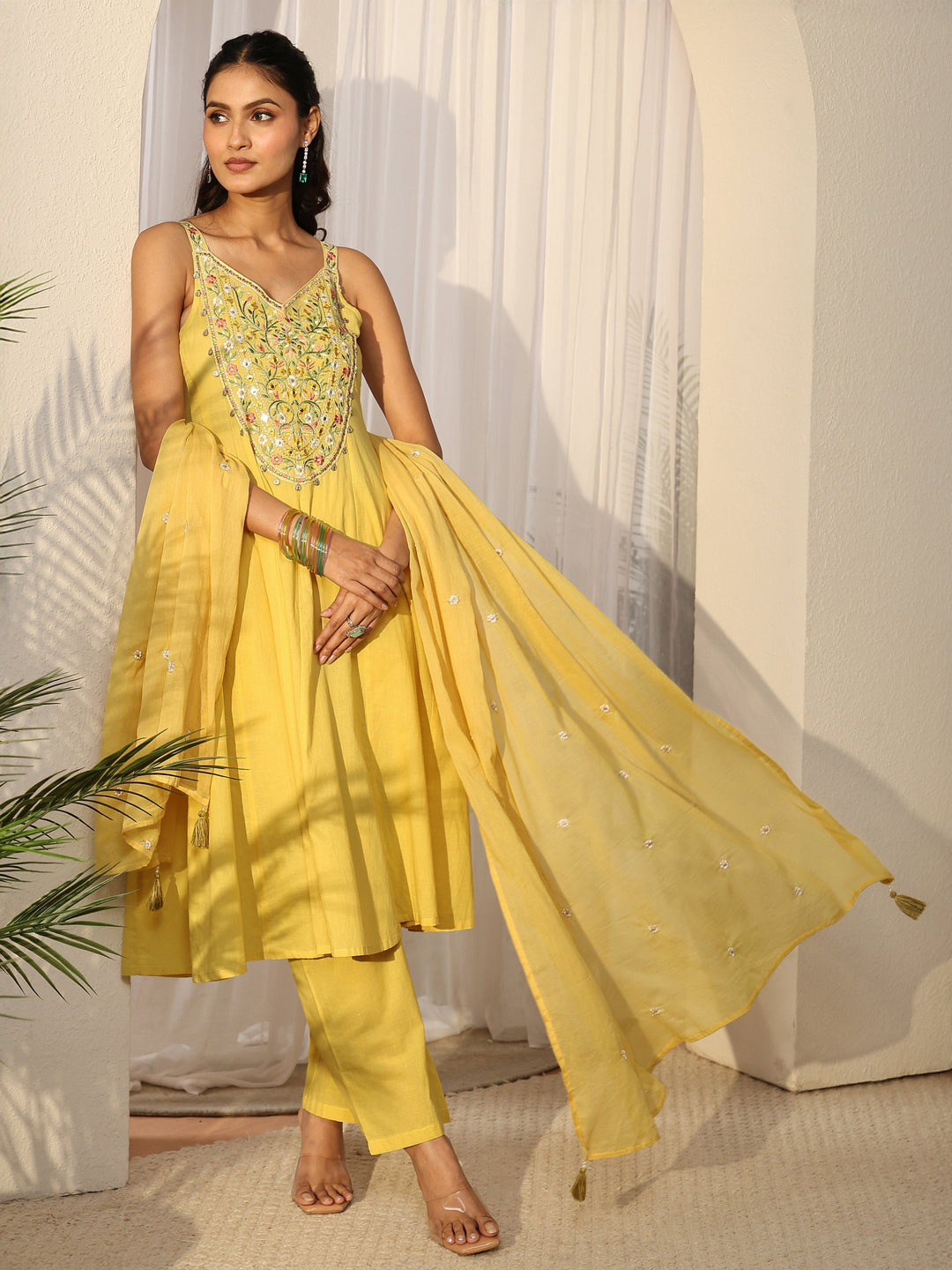  Libas Mustard  Strappy Yoke Embroidered Cotton A-Line Suit Set 