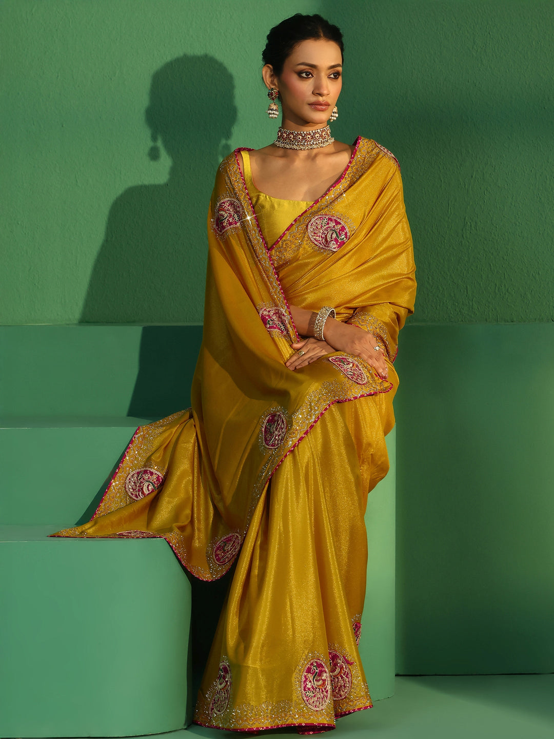  Libas Mustard Applique Work Embellished Satin Saree 