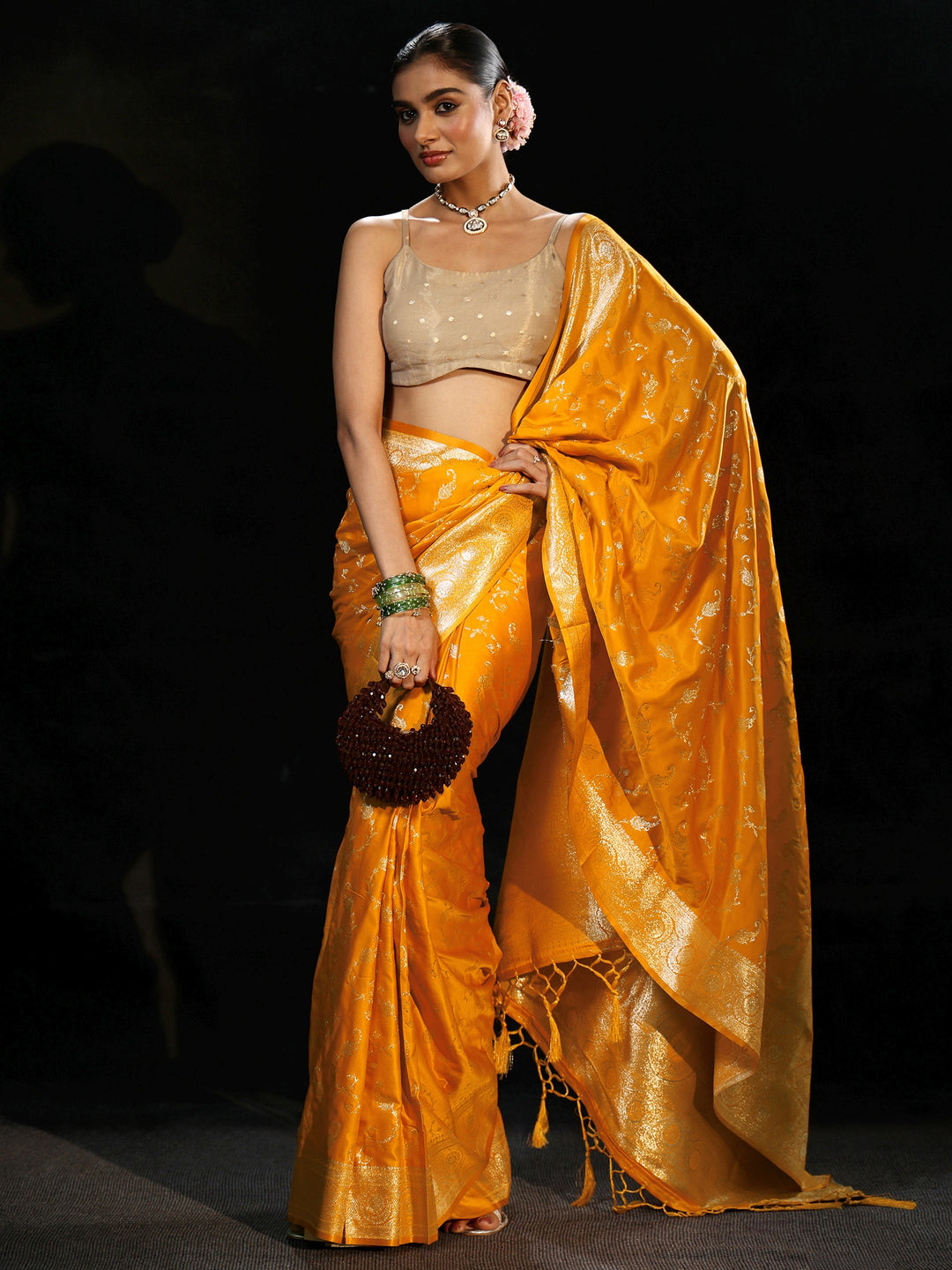  Libas Mustard Banarasi Silk Blend Saree 