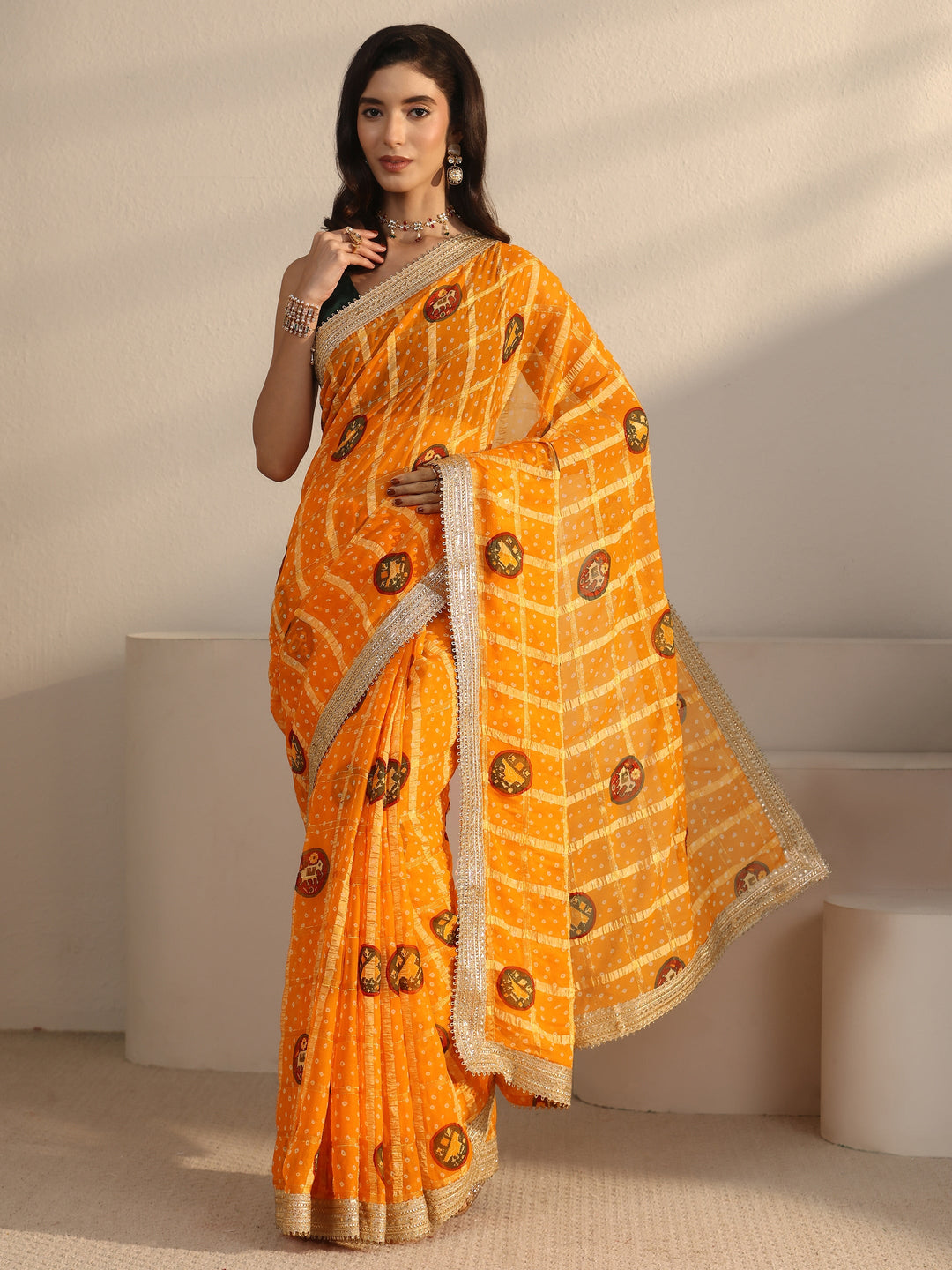 Libas Mustard Bandhani Printed Chiffon Saree with Gotta Patti Border