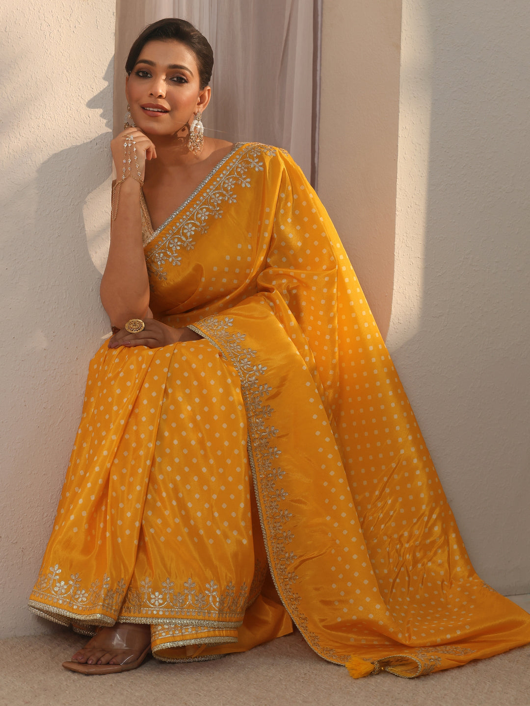  Libas Mustard Bandhani Printed Satin Saree with Embroidered Border 