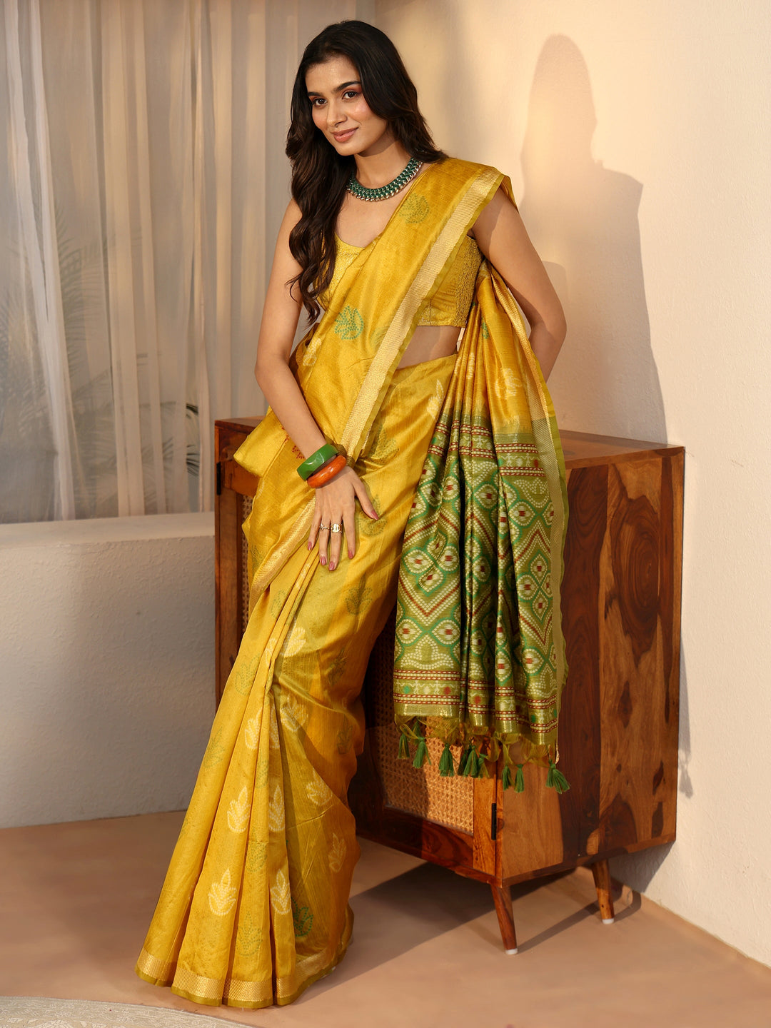  Libas Mustard Bandhani Silk Blend Saree 