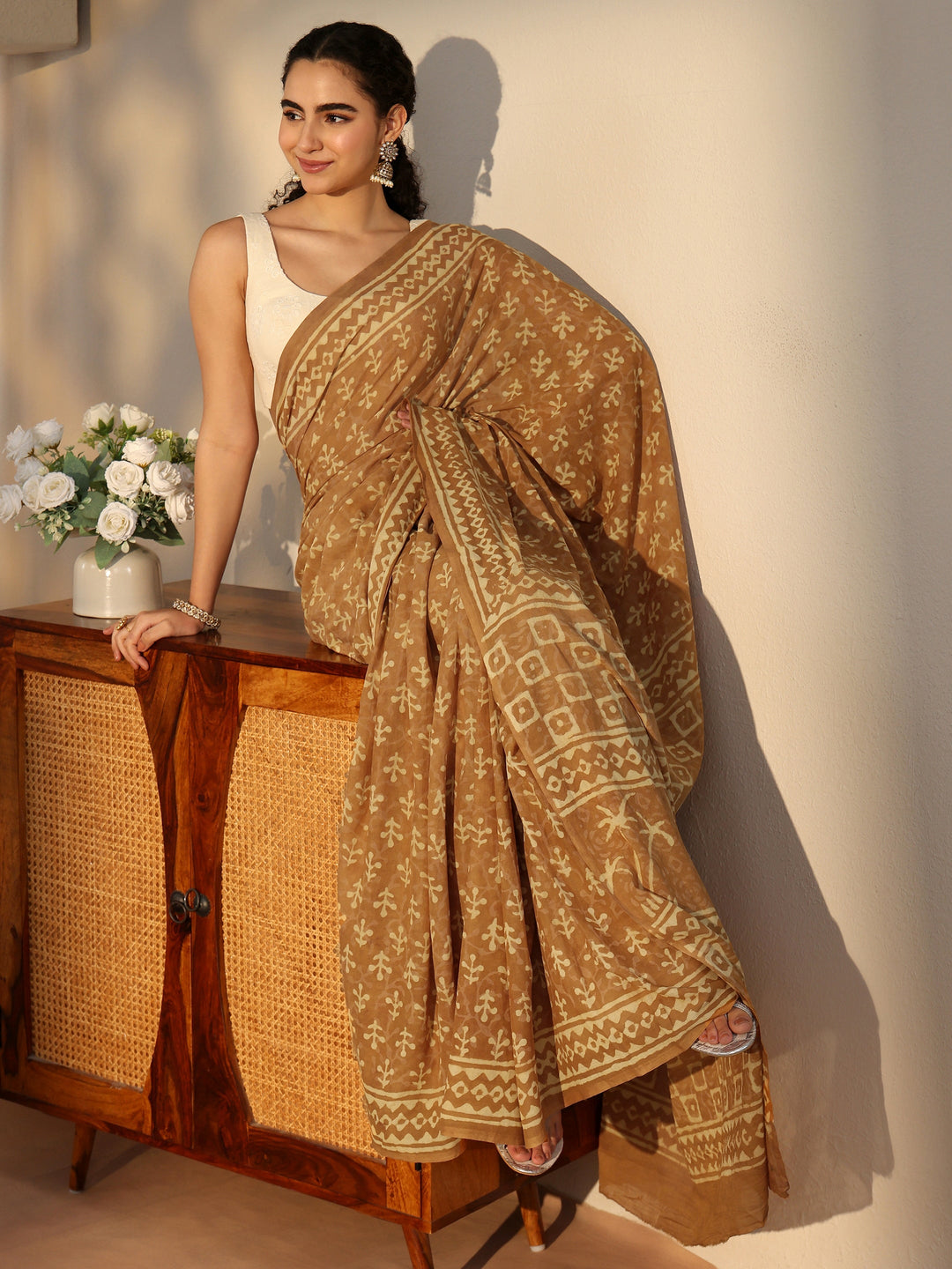  Libas Mustard Batik Printed Cotton Saree 