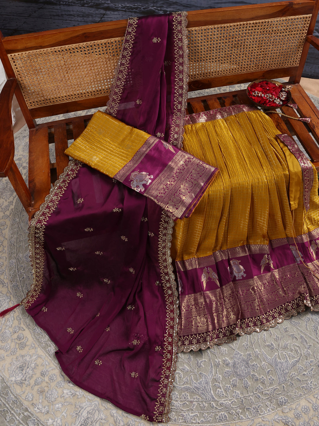 Libas Mustard Brocade Semi-Stitched Lehenga Choli