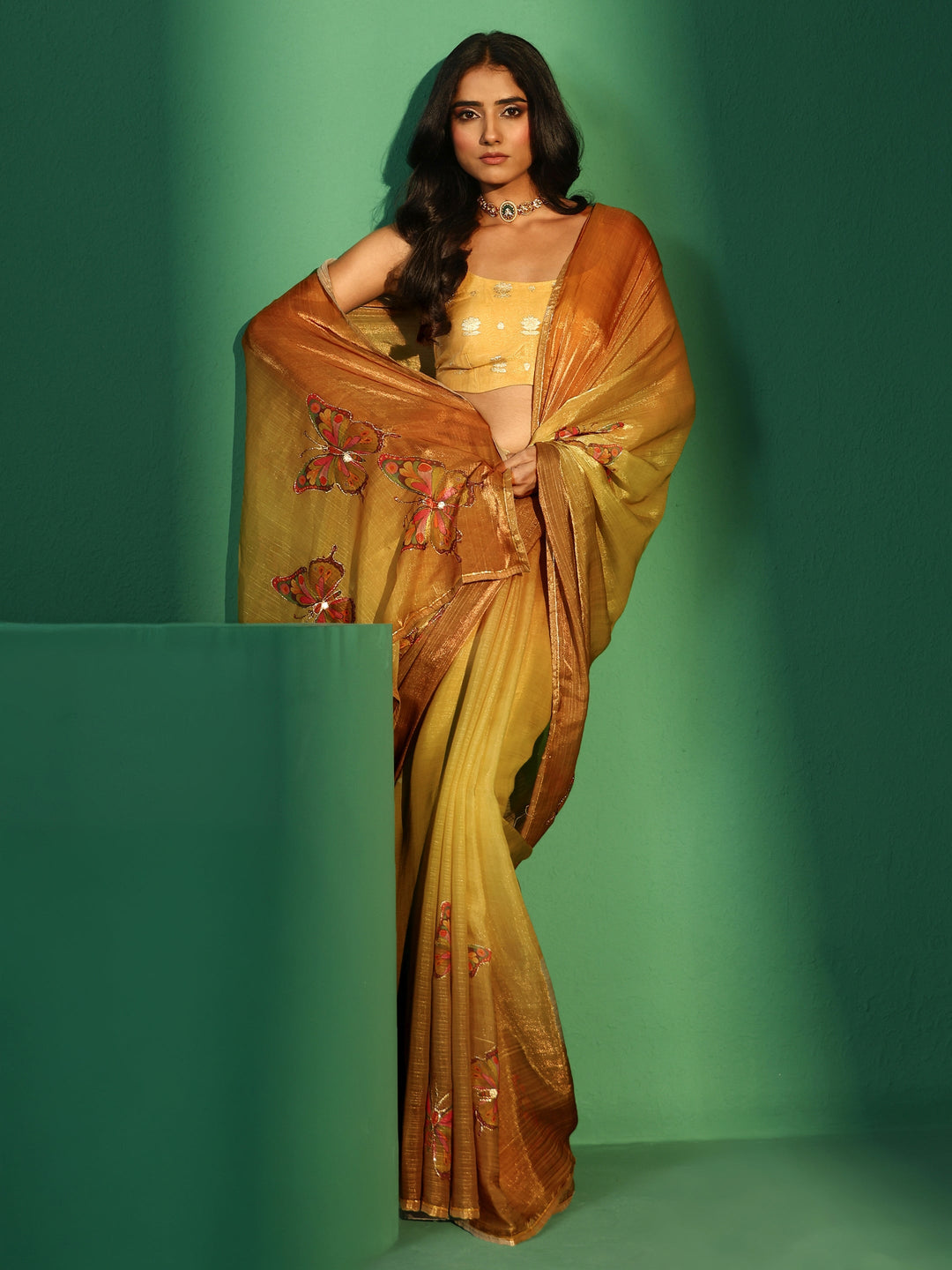  Libas Mustard Butterfly Print Chiffon Saree 