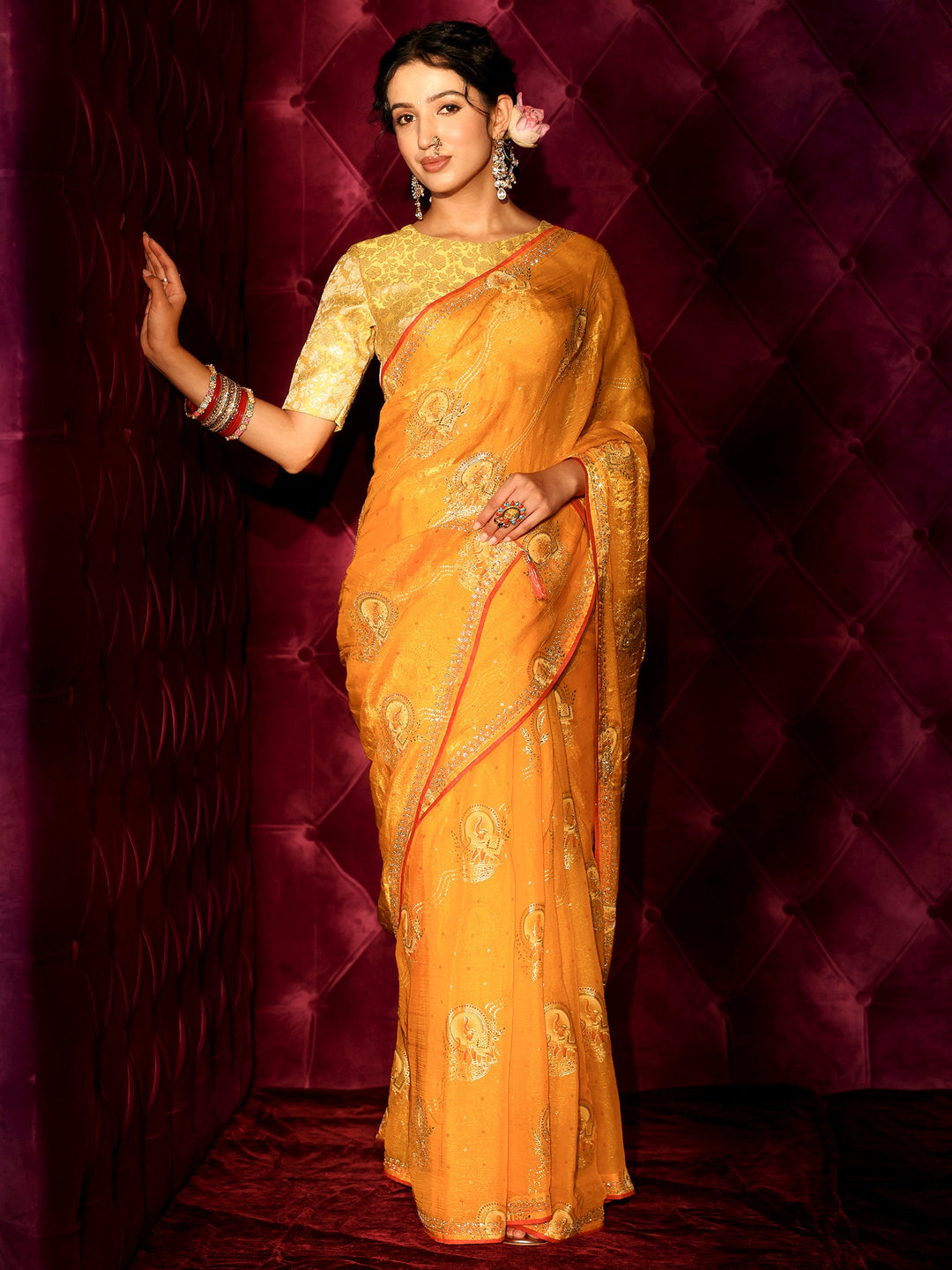 Libas Mustard Elephant Motif Printed Tissue Saree with Stone Work