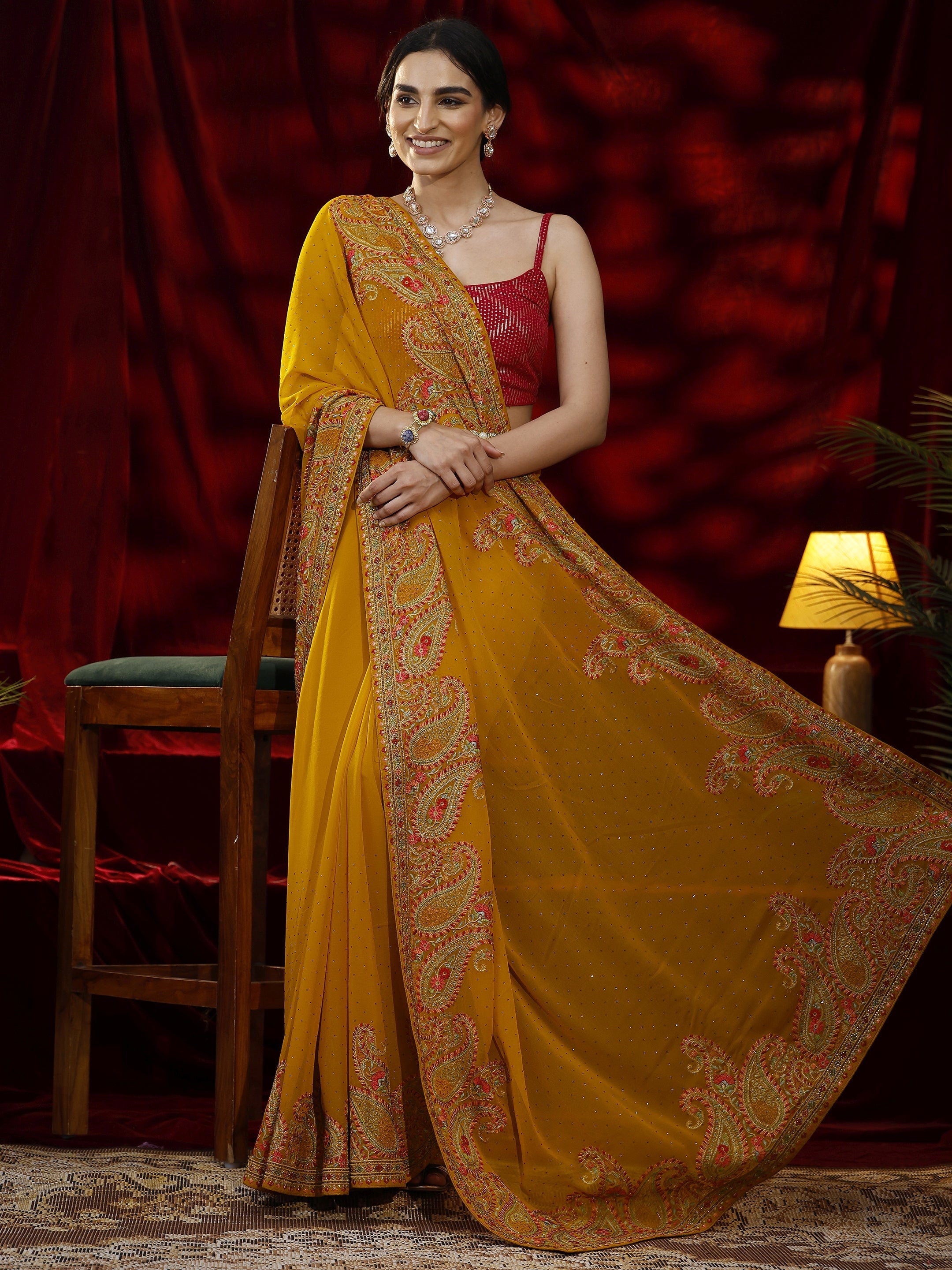 Libas Mustard Embellished Georgette Saree-image-17
