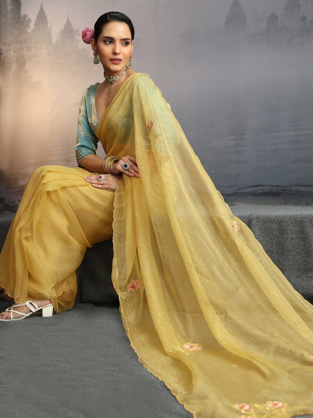  Libas Mustard Embellished Organza Saree with Applique Work 