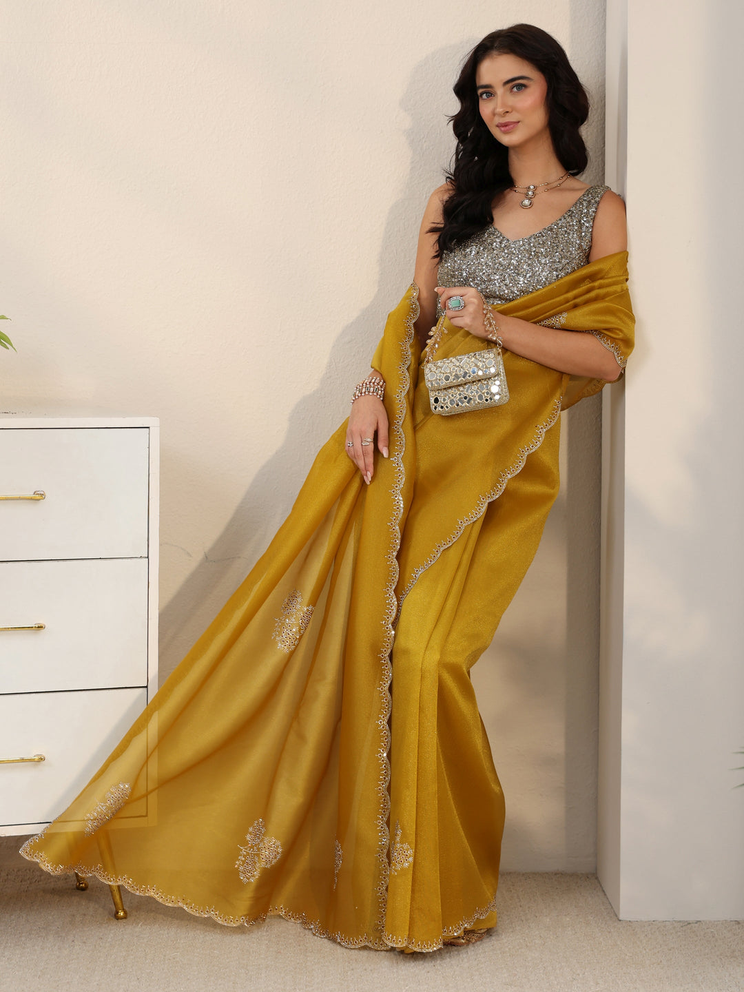  Libas Mustard Embellished Organza Saree with Scalloped Border 