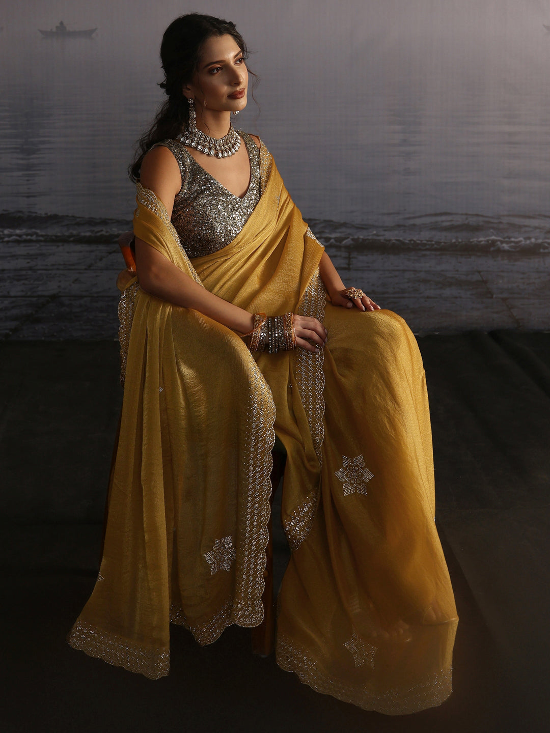  Libas Mustard Embellished Tissue Saree 