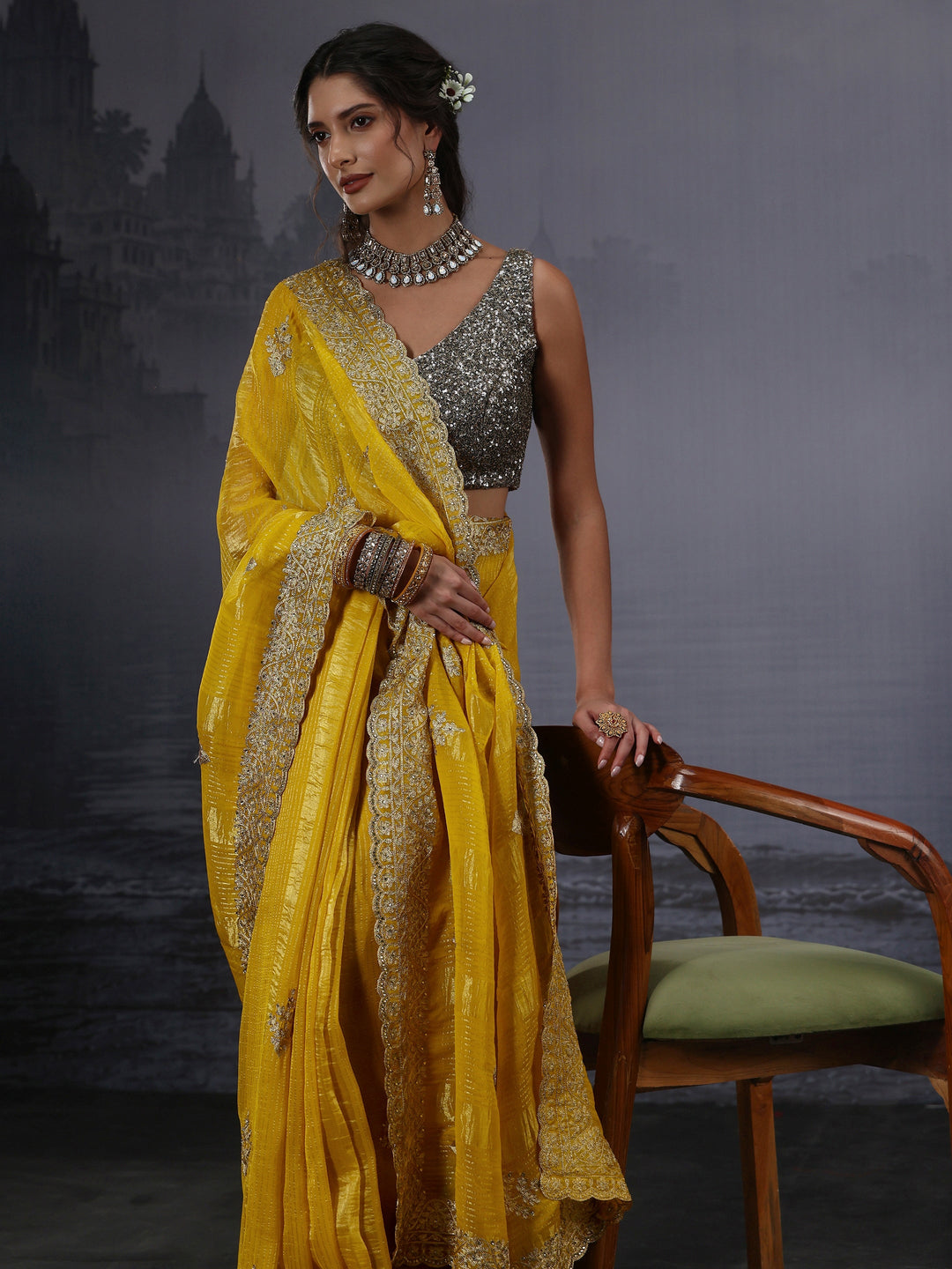  Libas Mustard Embroidered Georgette Saree 