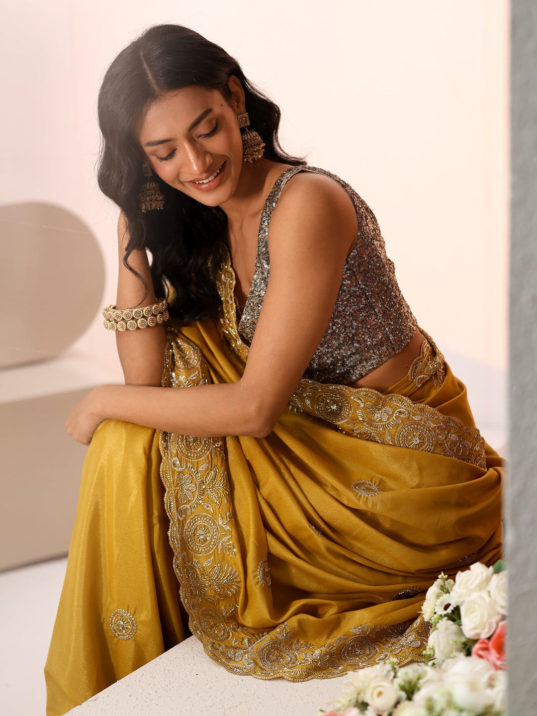  Libas Mustard Embroidered Silk Blend Saree 