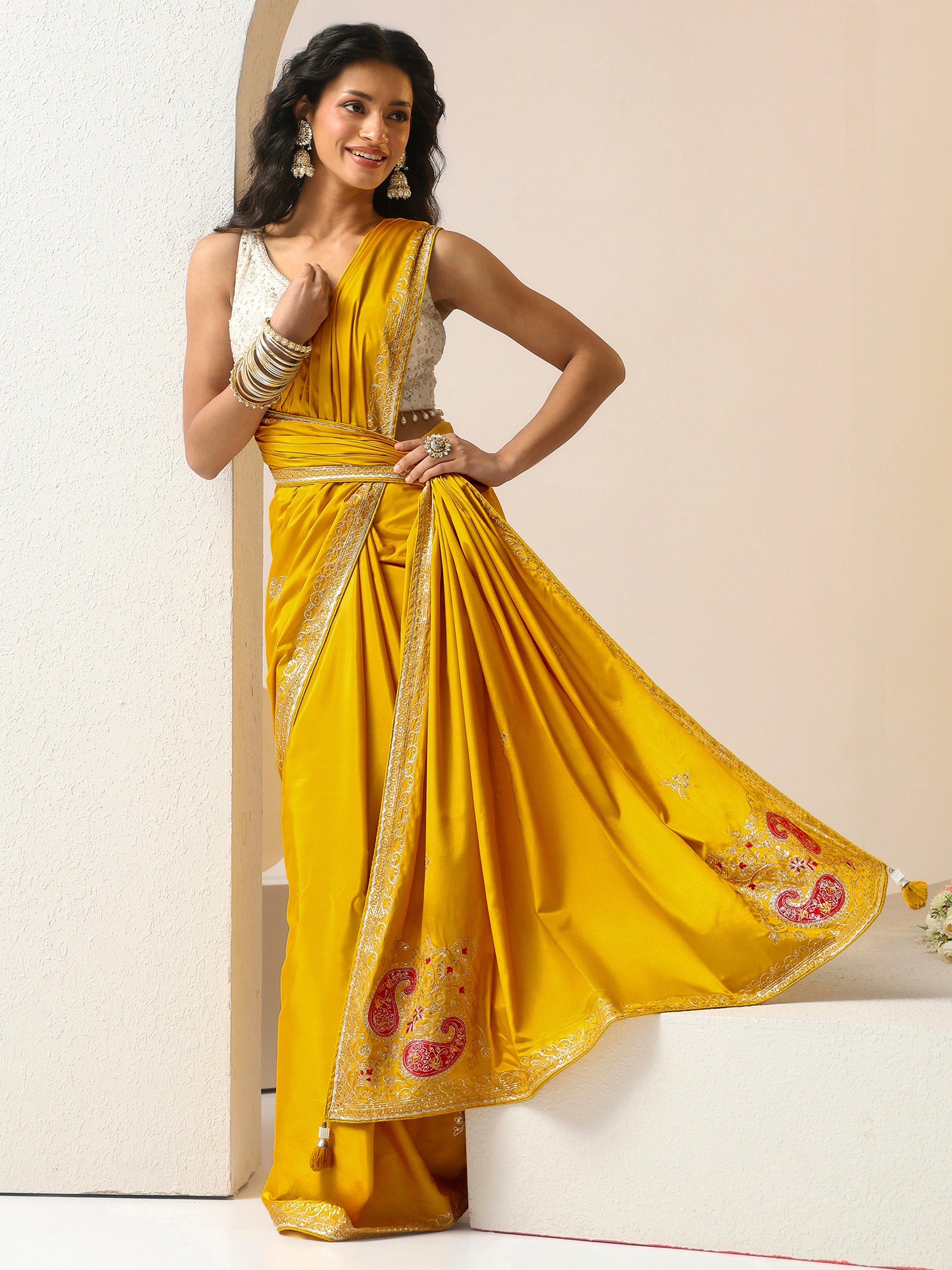 Libas Mustard Embroidered Silk Blend Saree-picture-62