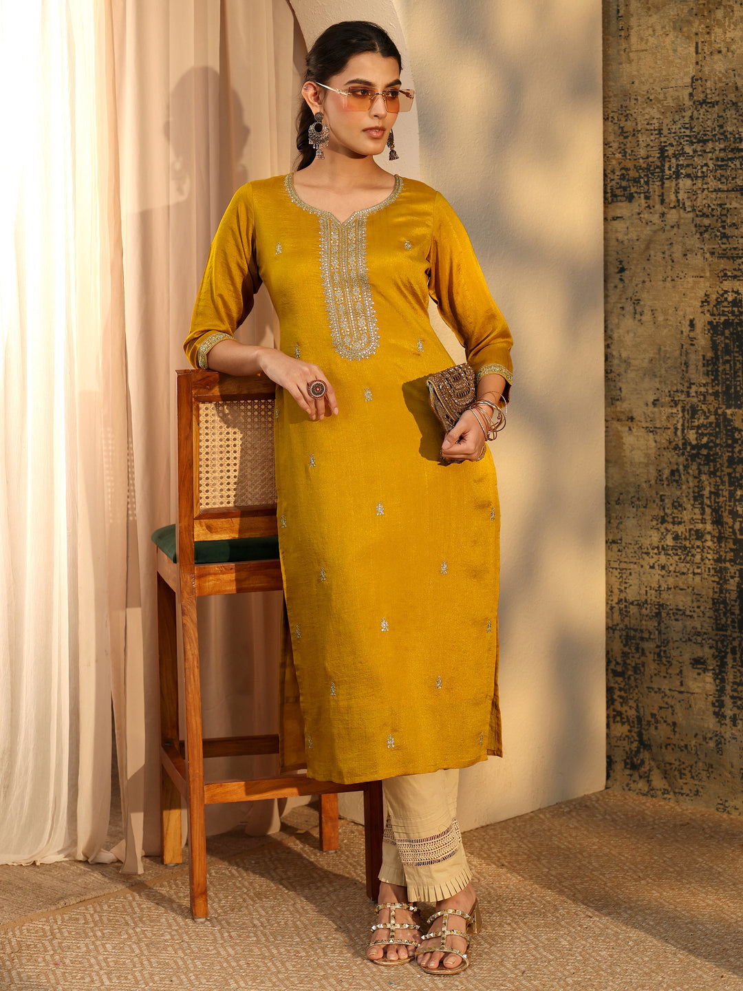  Libas Mustard Embroidered Silk Blend Straight Kurta 