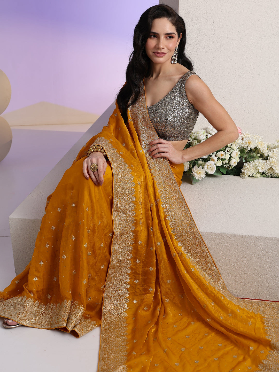  Libas Mustard Embroidered Tissue Saree 